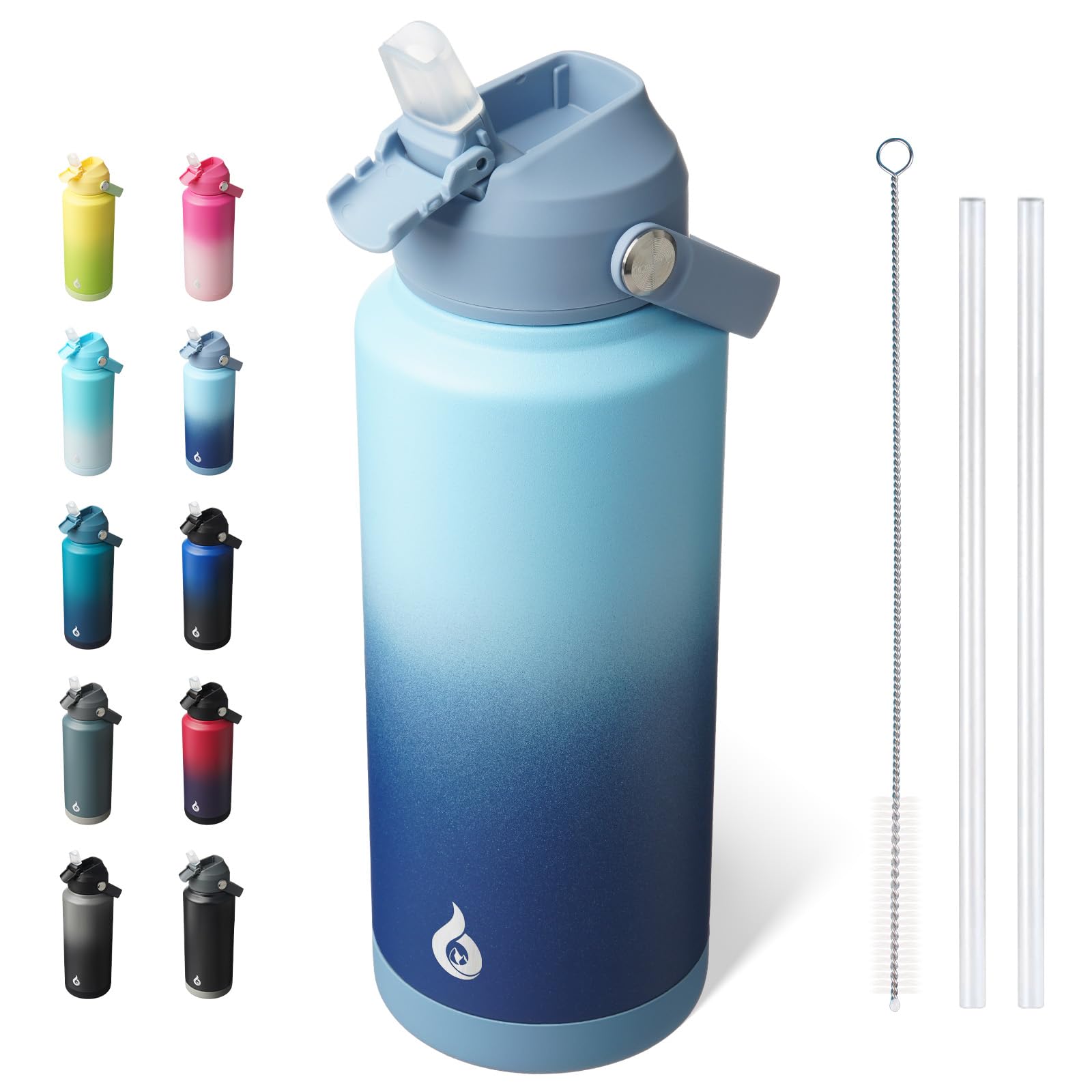 BJPKPK Insulated Water Bottle with Straw Lid, 18oz Thermo Water Bottles, Flex Handle & Non-slip Boot, BPA Free Leak Proof Stainless Steel Metal Thermo, Tumblers, Cups,Black Blue