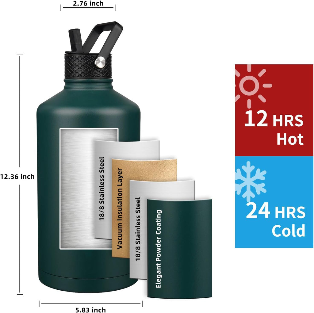 Insulated Water Bottle 128oz,Triple Wall Vacuum Stainless Steel(Dishwasher Safe),Leak Proof & Non-BPA,Flask Jug with Paracord Handle & Straw Spout Lids Sports Green