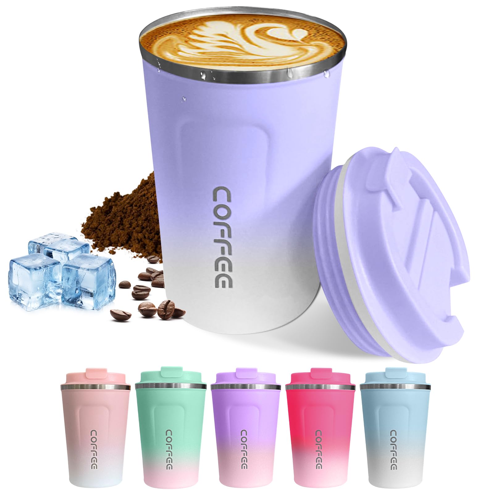 Travel coffee mugs leak-proof, reusable coffee cups with lids, stainless steel vacuum insulated coffee tumblers, thermal insulation cups for men & women keep drinks hot & cold(2nd-Green, 12OZ)