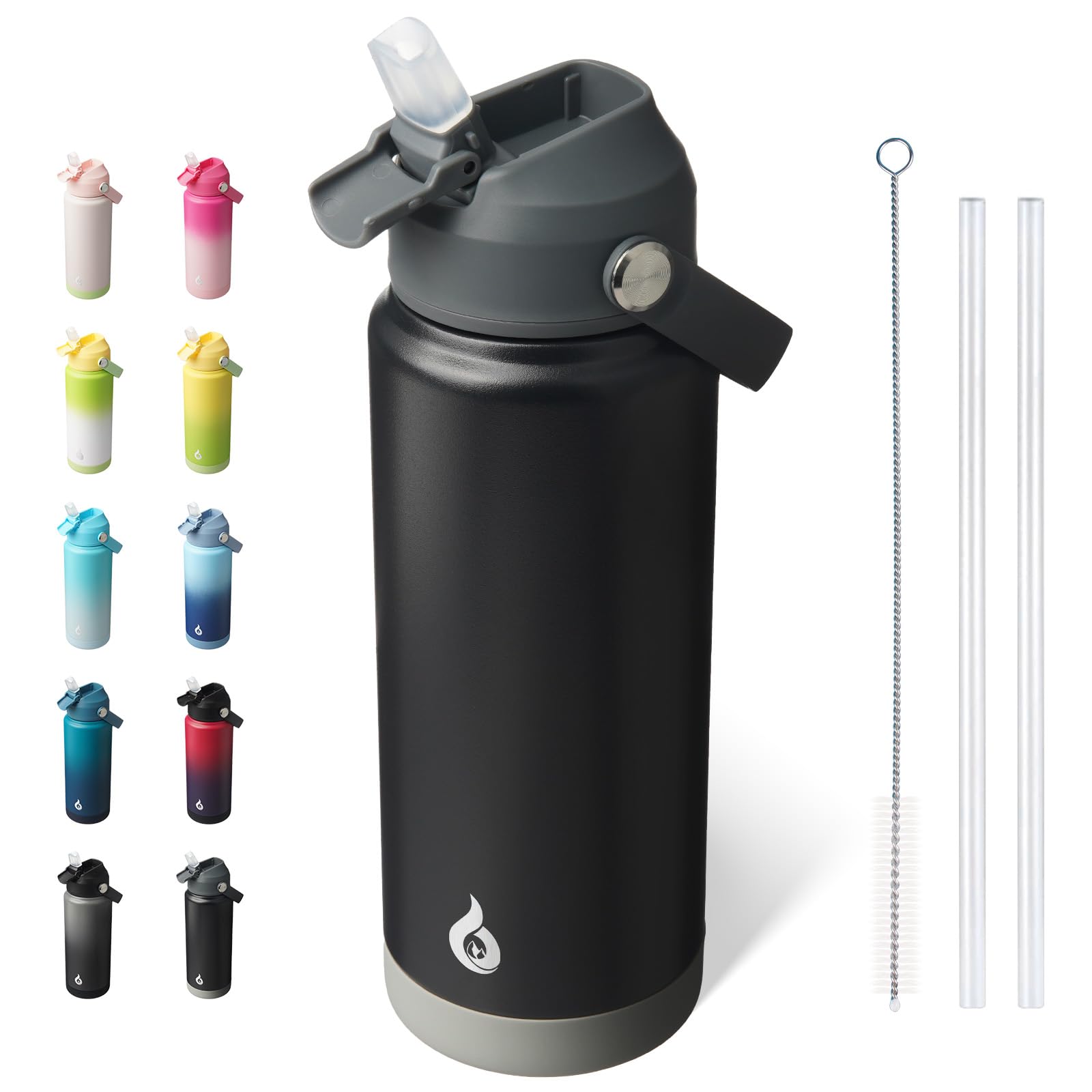 BJPKPK Insulated Water Bottle with Straw Lid, 18oz Thermo Water Bottles, Flex Handle & Non-slip Boot, BPA Free Leak Proof Stainless Steel Metal Thermo, Tumblers, Cups,Black Blue