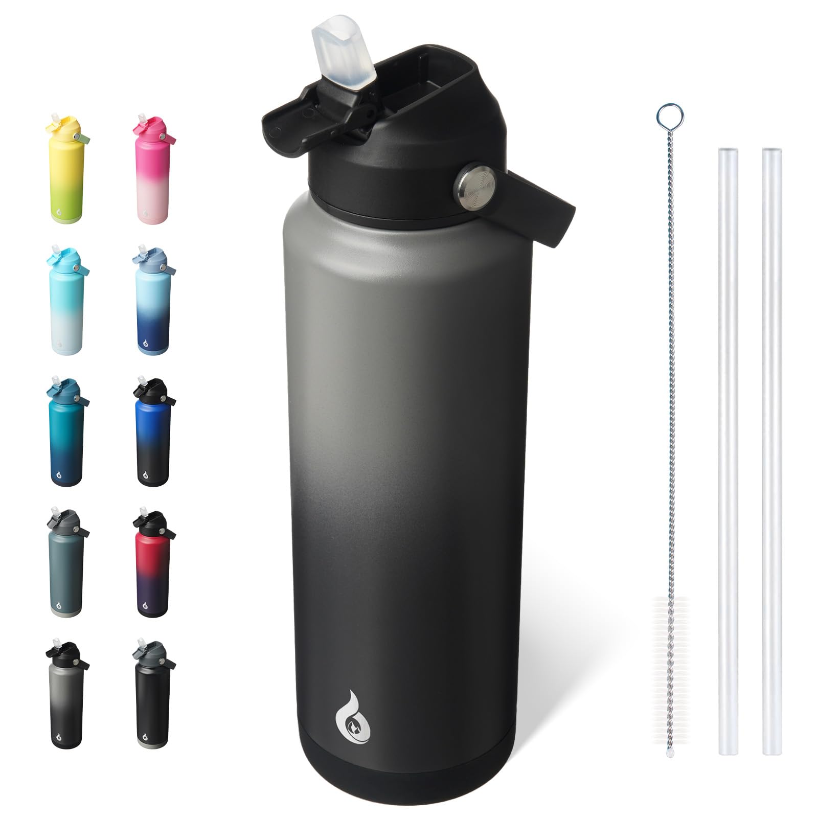 BJPKPK Insulated Water Bottle with Straw Lid, 18oz Thermo Water Bottles, Flex Handle & Non-slip Boot, BPA Free Leak Proof Stainless Steel Metal Thermo, Tumblers, Cups,Black Blue