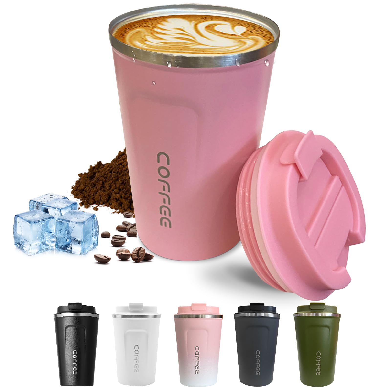 Travel coffee mugs leak-proof, reusable coffee cups with lids, stainless steel vacuum insulated coffee tumblers, thermal insulation cups for men & women keep drinks hot & cold(2nd-Green, 12OZ)