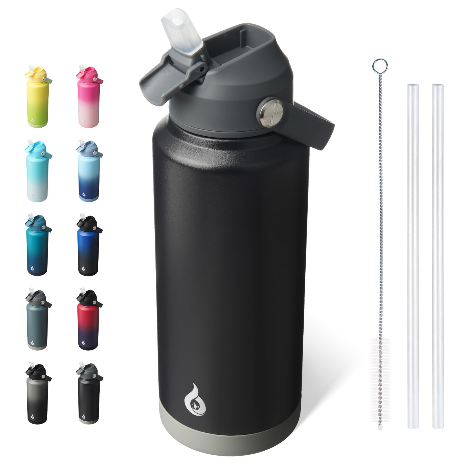 BJPKPK Insulated Water Bottle with Straw Lid, 18oz Thermo Water Bottles, Flex Handle & Non-slip Boot, BPA Free Leak Proof Stainless Steel Metal Thermo, Tumblers, Cups,Black Blue