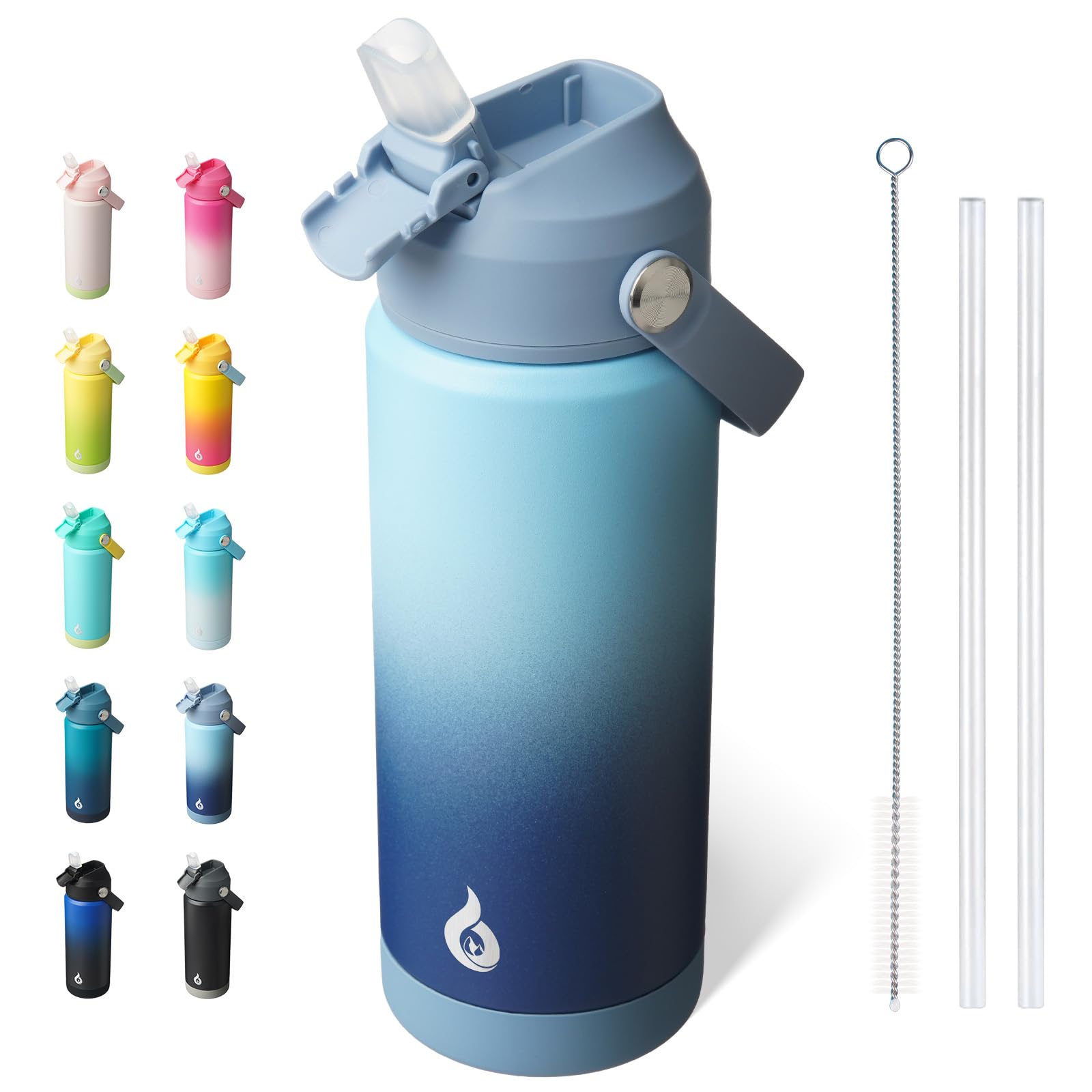 BJPKPK Insulated Water Bottle with Straw Lid, 18oz Thermo Water Bottles, Flex Handle & Non-slip Boot, BPA Free Leak Proof Stainless Steel Metal Thermo, Tumblers, Cups,Black Blue