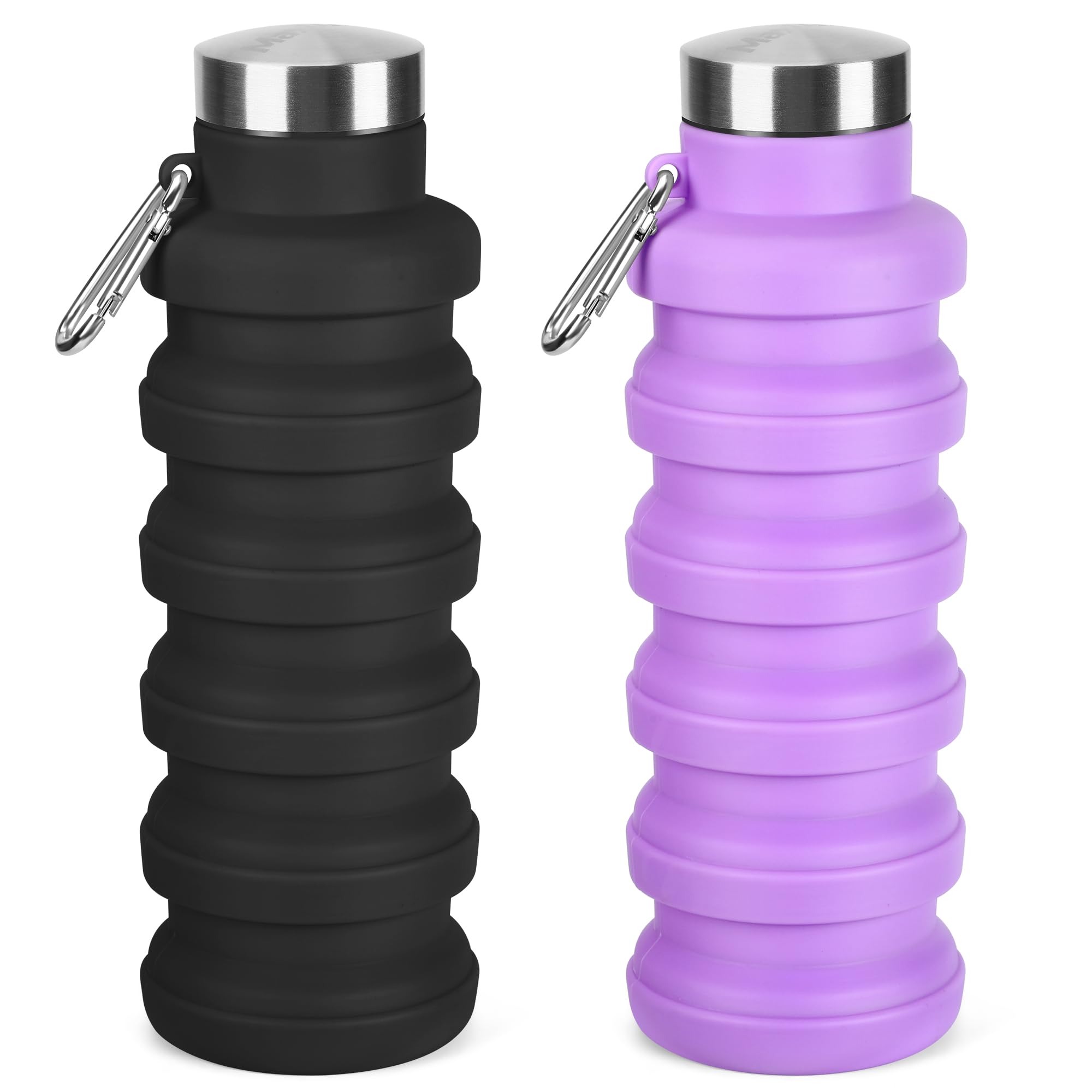 Collapsible Water Bottles 17oz, Portable Leak-Proof Travel Water Bottle, Reusable BPA Free Silicone Foldable Water Bottle with Carabiner for Gym, Traveling, Camping, Hiking, Sports(Black+Blue)