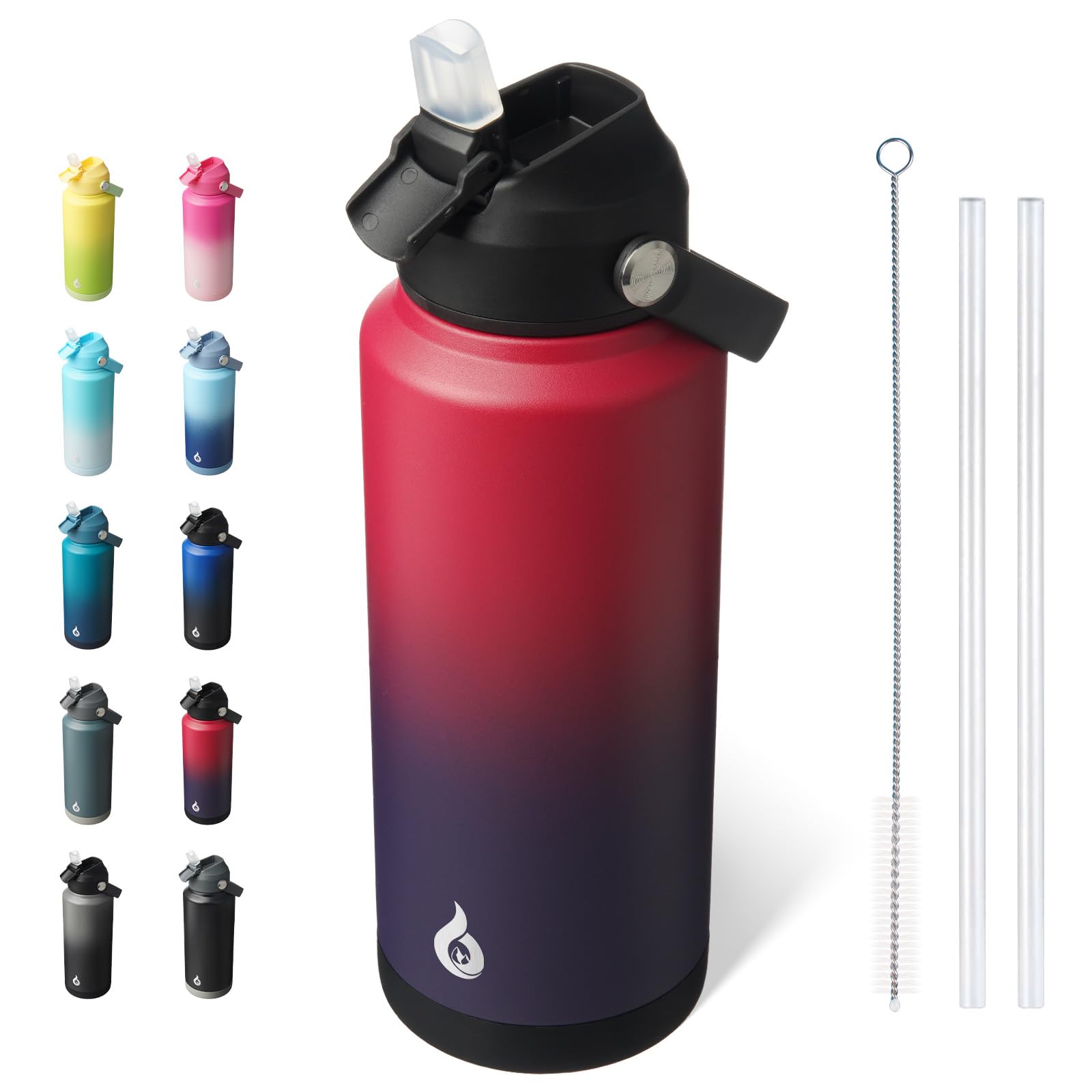 BJPKPK Insulated Water Bottle with Straw Lid, 18oz Thermo Water Bottles, Flex Handle & Non-slip Boot, BPA Free Leak Proof Stainless Steel Metal Thermo, Tumblers, Cups,Black Blue
