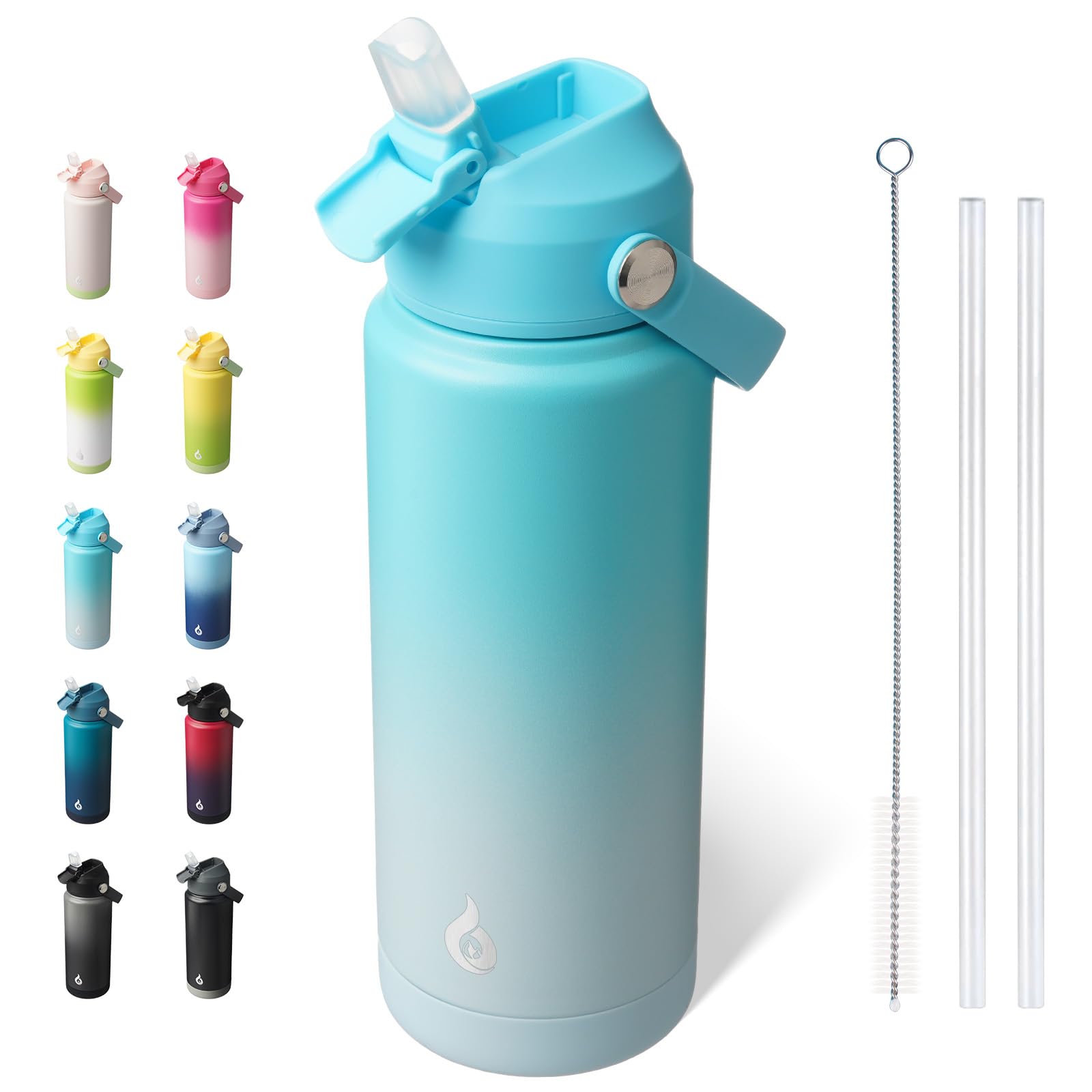 BJPKPK Insulated Water Bottle with Straw Lid, 18oz Thermo Water Bottles, Flex Handle & Non-slip Boot, BPA Free Leak Proof Stainless Steel Metal Thermo, Tumblers, Cups,Black Blue