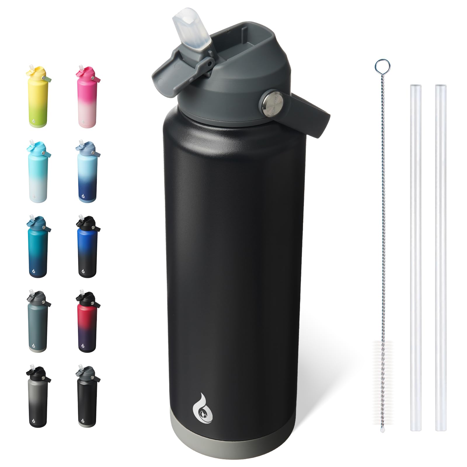BJPKPK Insulated Water Bottle with Straw Lid, 18oz Thermo Water Bottles, Flex Handle & Non-slip Boot, BPA Free Leak Proof Stainless Steel Metal Thermo, Tumblers, Cups,Black Blue
