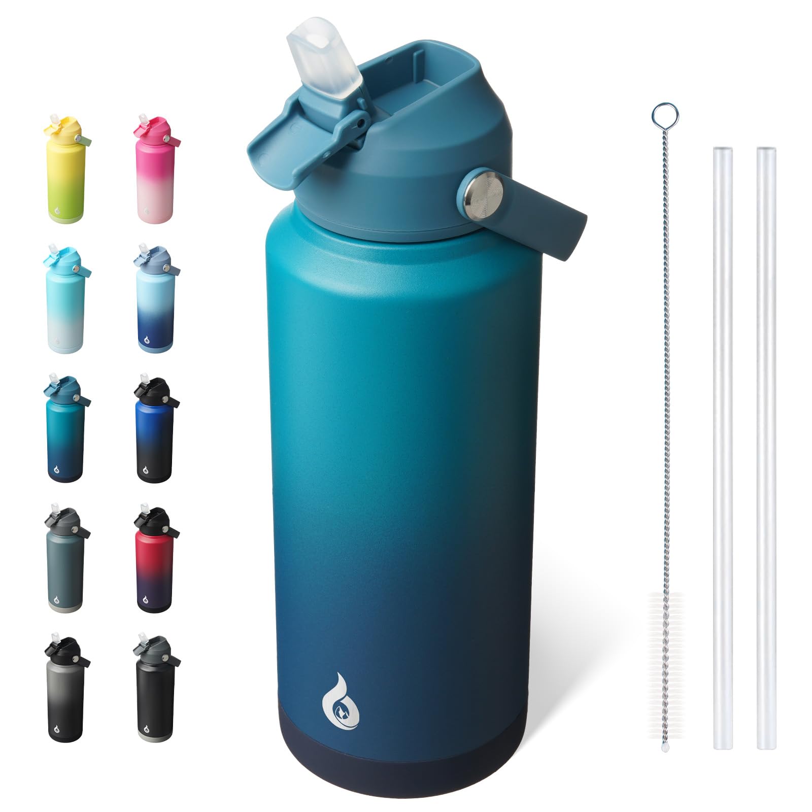 BJPKPK Insulated Water Bottle with Straw Lid, 18oz Thermo Water Bottles, Flex Handle & Non-slip Boot, BPA Free Leak Proof Stainless Steel Metal Thermo, Tumblers, Cups,Black Blue