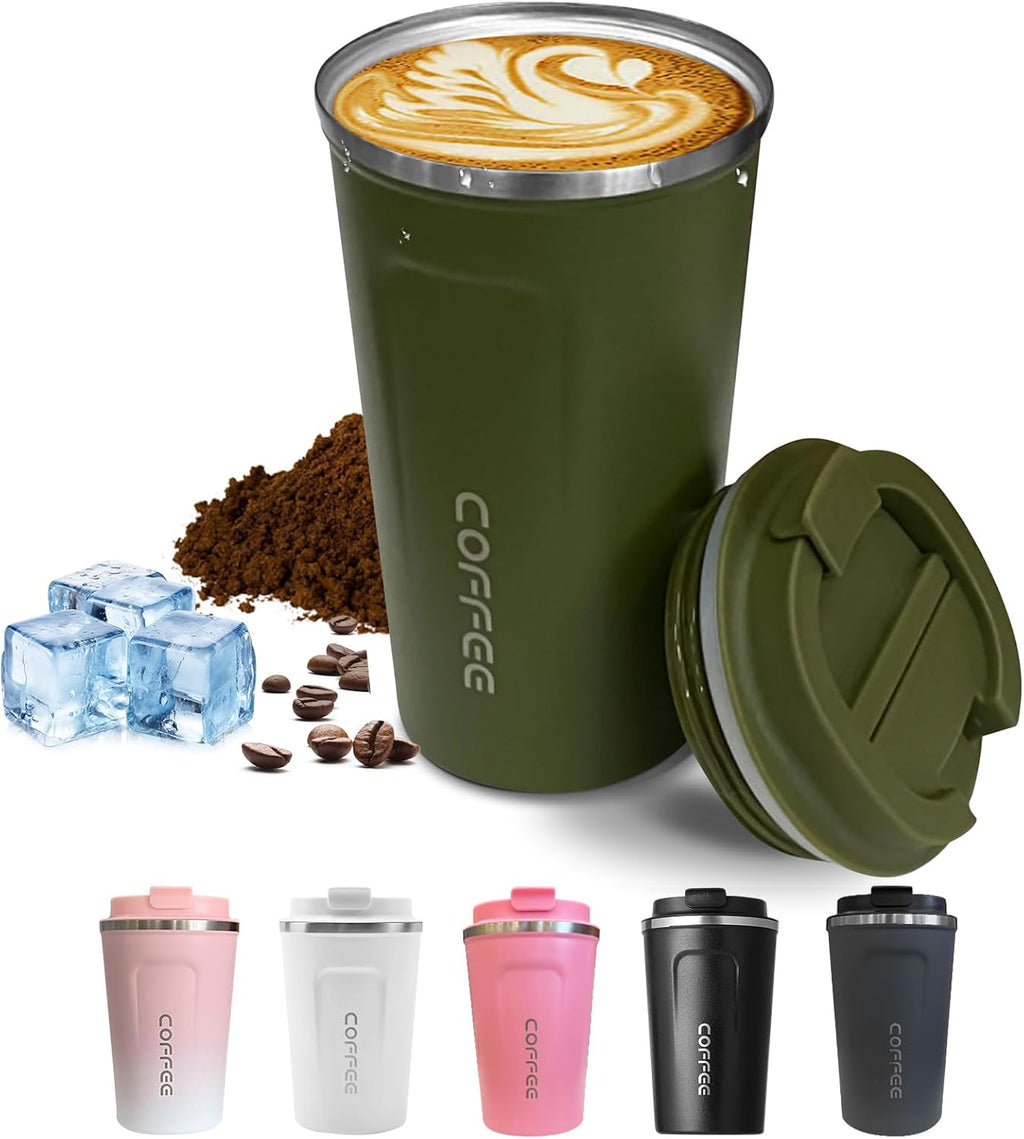 Travel coffee mugs leak-proof, reusable coffee cups with lids, stainless steel vacuum insulated coffee tumblers, thermal insulation cups for men & women keep drinks hot & cold(2nd-Green, 12OZ)