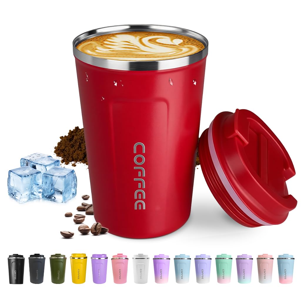Travel coffee mugs leak-proof, reusable coffee cups with lids, stainless steel vacuum insulated coffee tumblers, thermal insulation cups for men & women keep drinks hot & cold(2nd-Green, 12OZ)