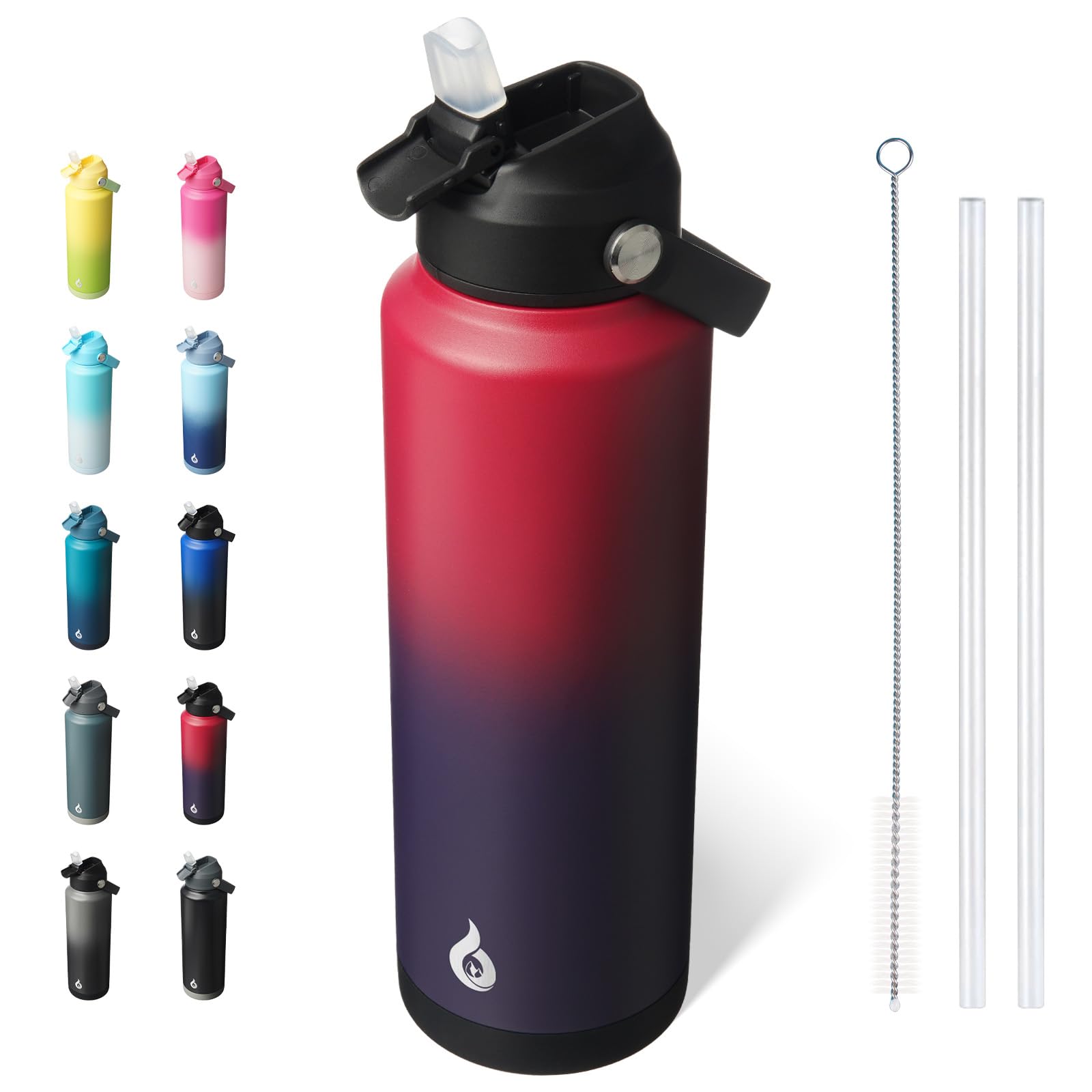 BJPKPK Insulated Water Bottle with Straw Lid, 18oz Thermo Water Bottles, Flex Handle & Non-slip Boot, BPA Free Leak Proof Stainless Steel Metal Thermo, Tumblers, Cups,Black Blue