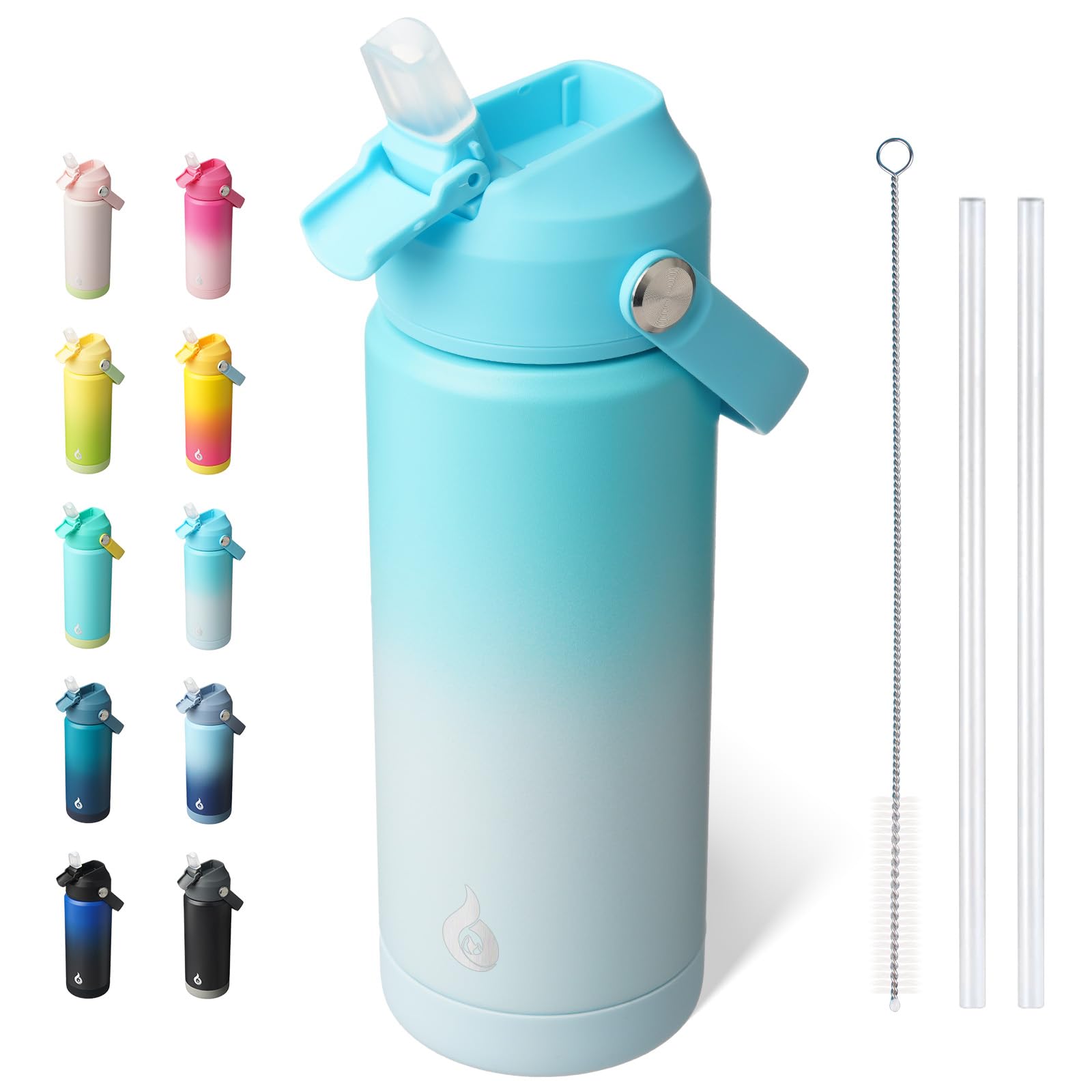 BJPKPK Insulated Water Bottle with Straw Lid, 18oz Thermo Water Bottles, Flex Handle & Non-slip Boot, BPA Free Leak Proof Stainless Steel Metal Thermo, Tumblers, Cups,Black Blue