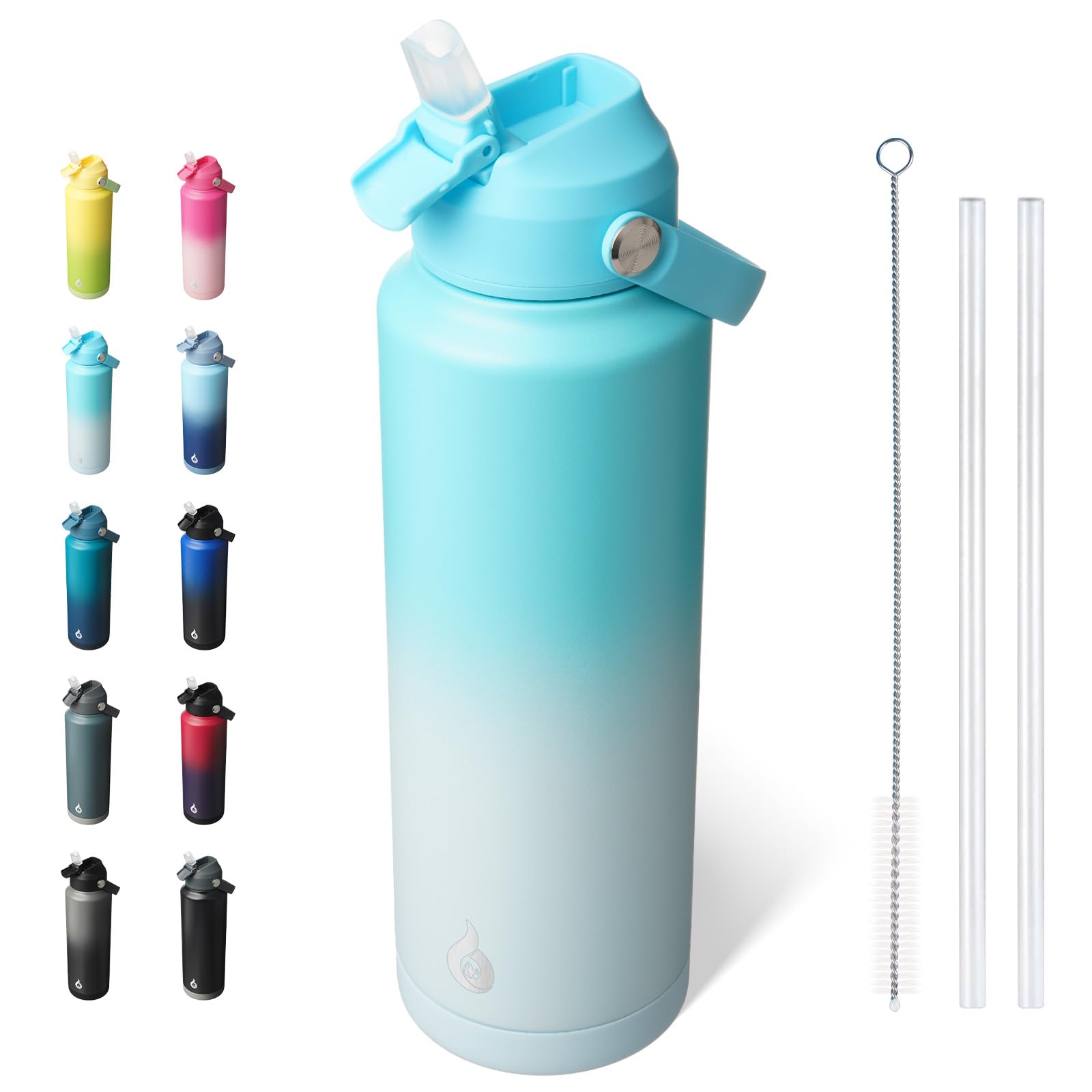 BJPKPK Insulated Water Bottle with Straw Lid, 18oz Thermo Water Bottles, Flex Handle & Non-slip Boot, BPA Free Leak Proof Stainless Steel Metal Thermo, Tumblers, Cups,Black Blue