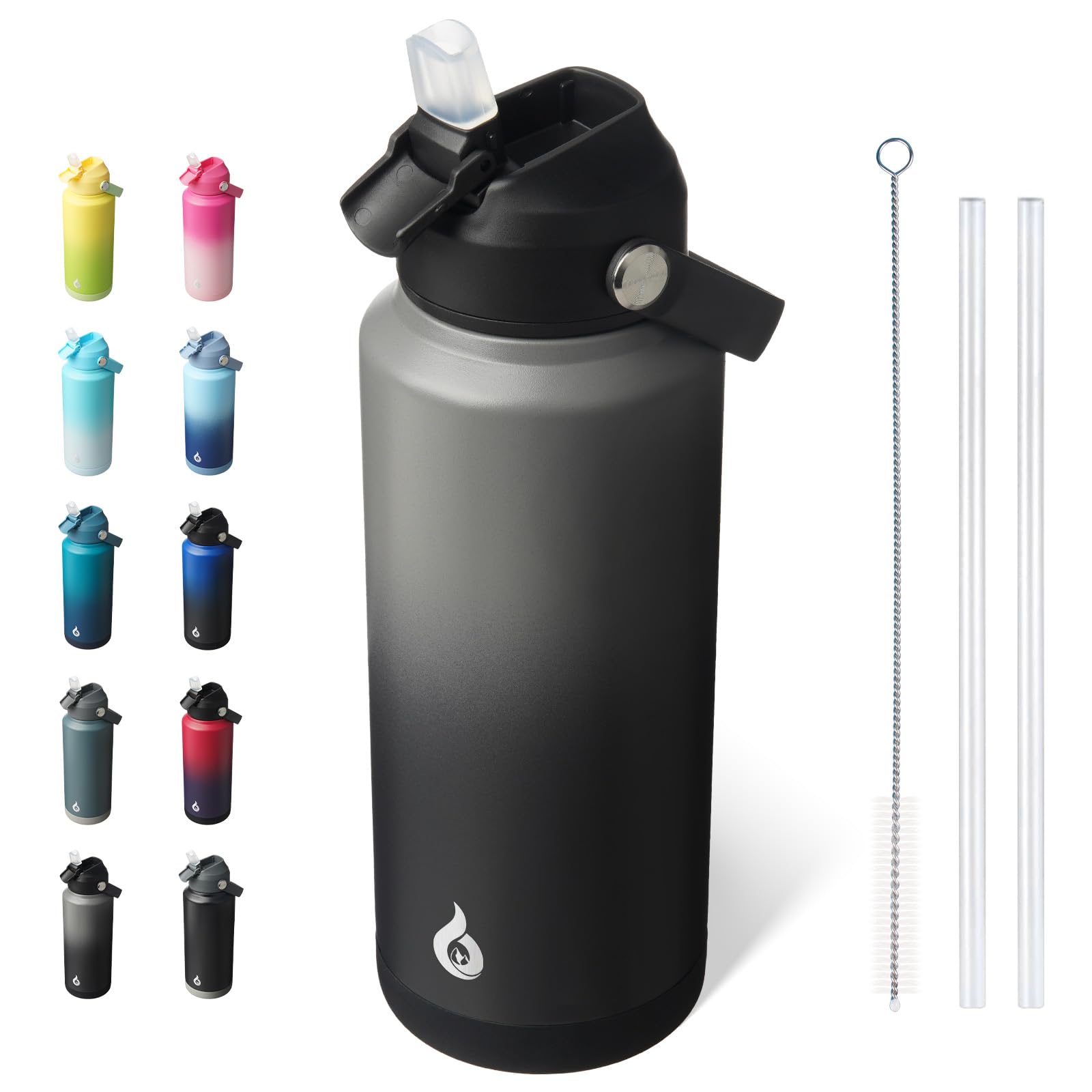 BJPKPK Insulated Water Bottle with Straw Lid, 18oz Thermo Water Bottles, Flex Handle & Non-slip Boot, BPA Free Leak Proof Stainless Steel Metal Thermo, Tumblers, Cups,Black Blue