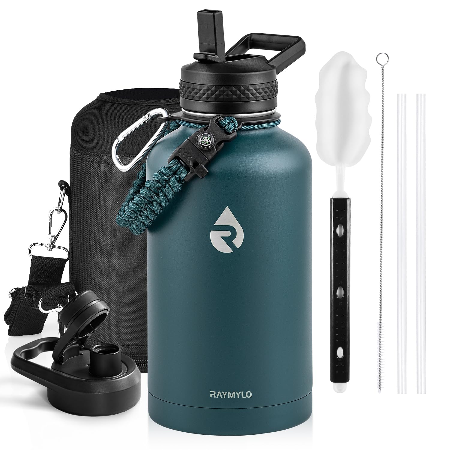 Insulated Water Bottle 64 oz, Triple Wall Vacuum Stainless Steel (Cold for 48 Hrs), Leak Proof & Non-BPA, Half Gallon Water Flask Jug with Paracord Handle & Straw Spout Lids