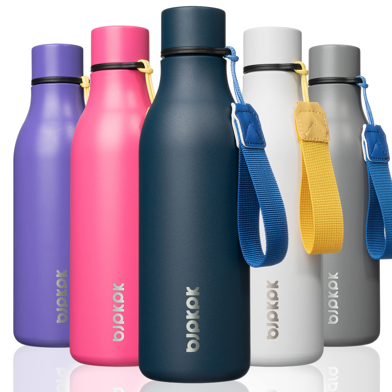 BJPKPK Insulated Water Bottles, 18 oz Stainless Steel Metal Water Bottle with Strap, BPA Free Leak Proof Jugs, Mugs, Flasks, Reusable Thermal Flasks for Sports& Travel, Blossom