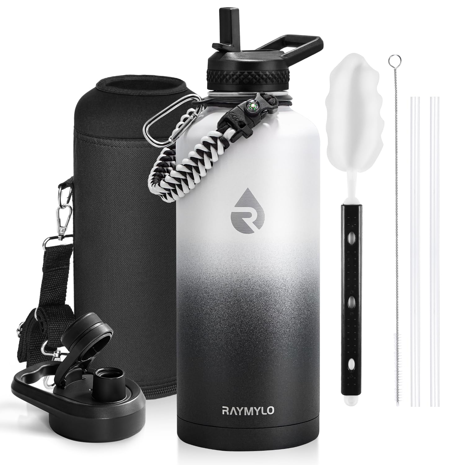 Insulated Water Bottle 64 oz, Triple Wall Vacuum Stainless Steel (Cold for 48 Hrs), Leak Proof & Non-BPA, Half Gallon Water Flask Jug with Paracord Handle & Straw Spout Lids