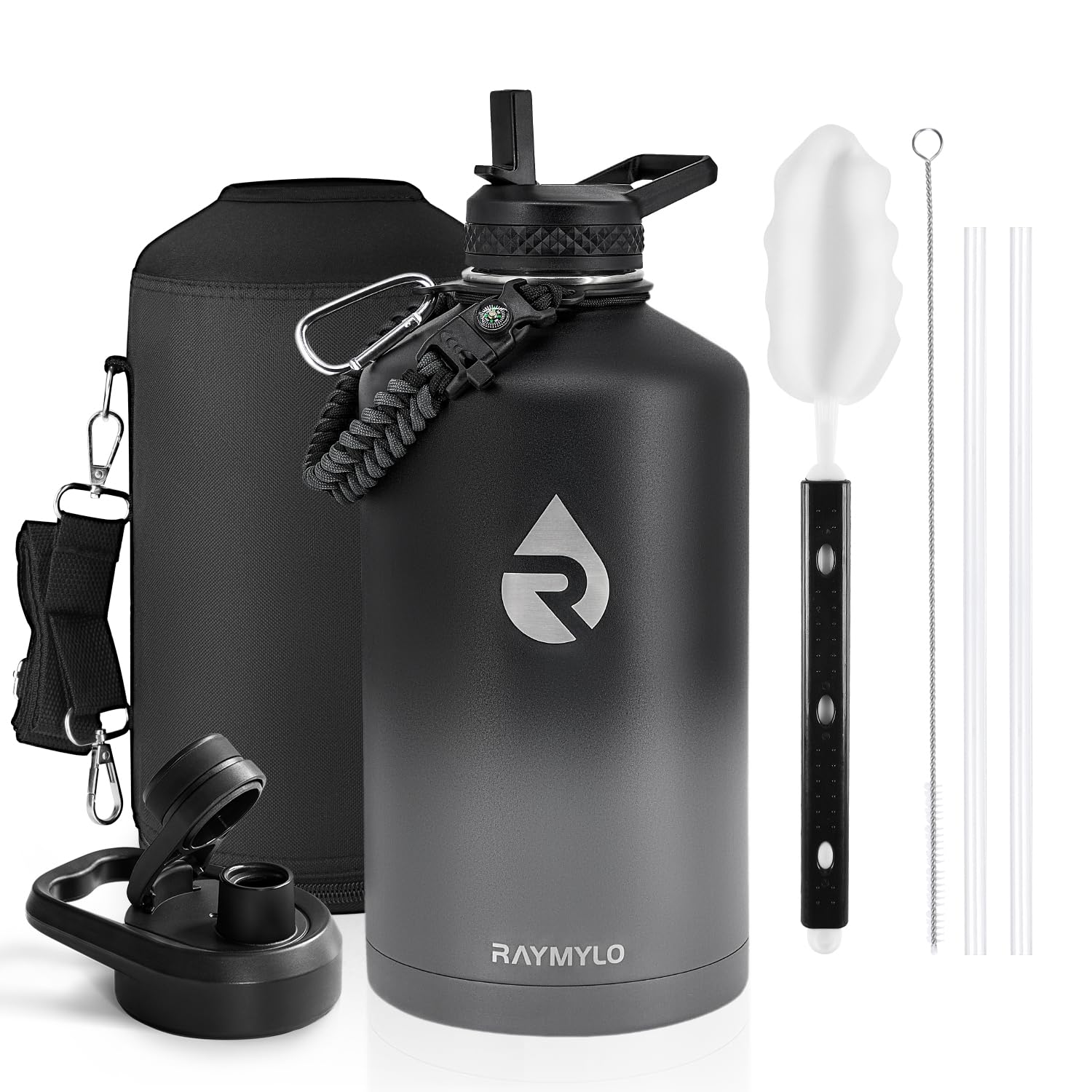 Insulated Water Bottle 64 oz, Triple Wall Vacuum Stainless Steel (Cold for 48 Hrs), Leak Proof & Non-BPA, Half Gallon Water Flask Jug with Paracord Handle & Straw Spout Lids