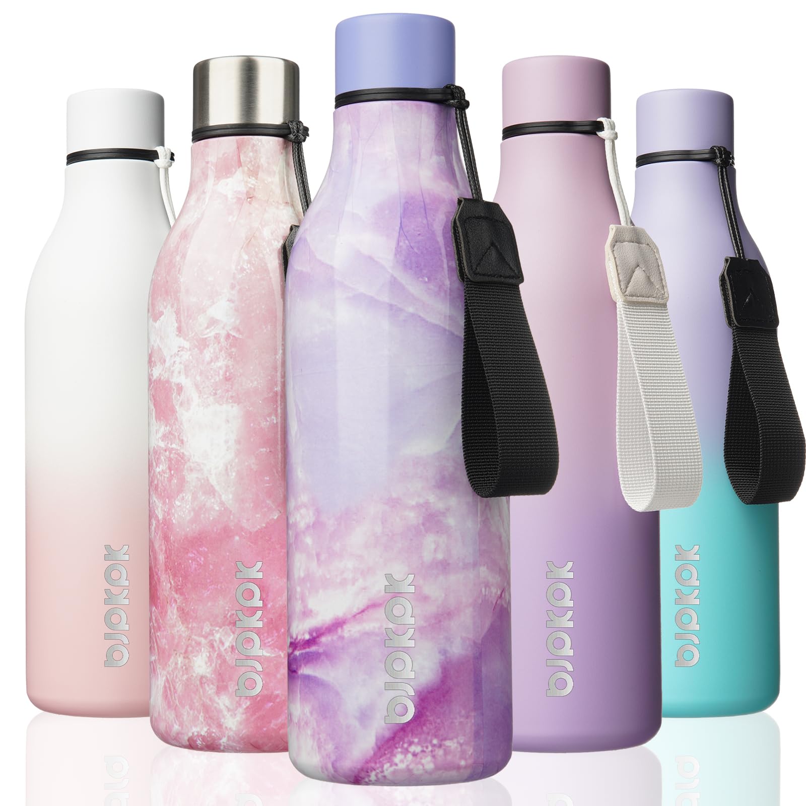 BJPKPK Insulated Water Bottles, 18 oz Stainless Steel Metal Water Bottle with Strap, BPA Free Leak Proof Jugs, Mugs, Flasks, Reusable Thermal Flasks for Sports& Travel, Blossom