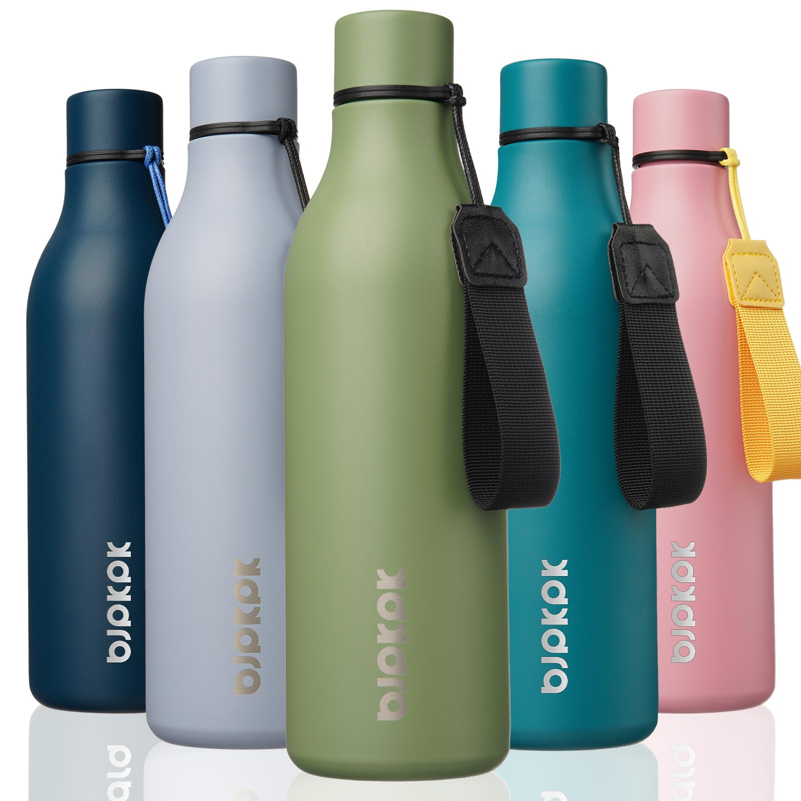BJPKPK Insulated Water Bottles, 18 oz Stainless Steel Metal Water Bottle with Strap, BPA Free Leak Proof Jugs, Mugs, Flasks, Reusable Thermal Flasks for Sports& Travel, Blossom