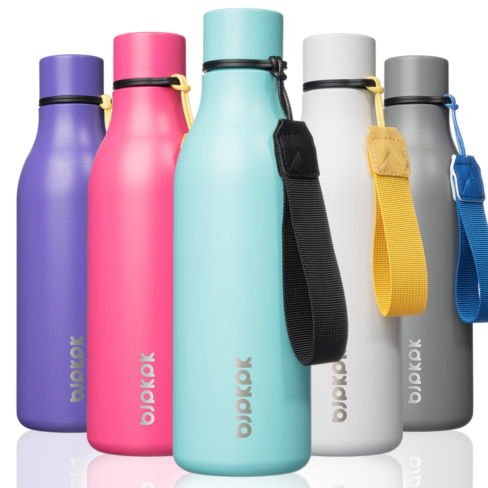 BJPKPK Insulated Water Bottles, 18 oz Stainless Steel Metal Water Bottle with Strap, BPA Free Leak Proof Jugs, Mugs, Flasks, Reusable Thermal Flasks for Sports& Travel, Blossom