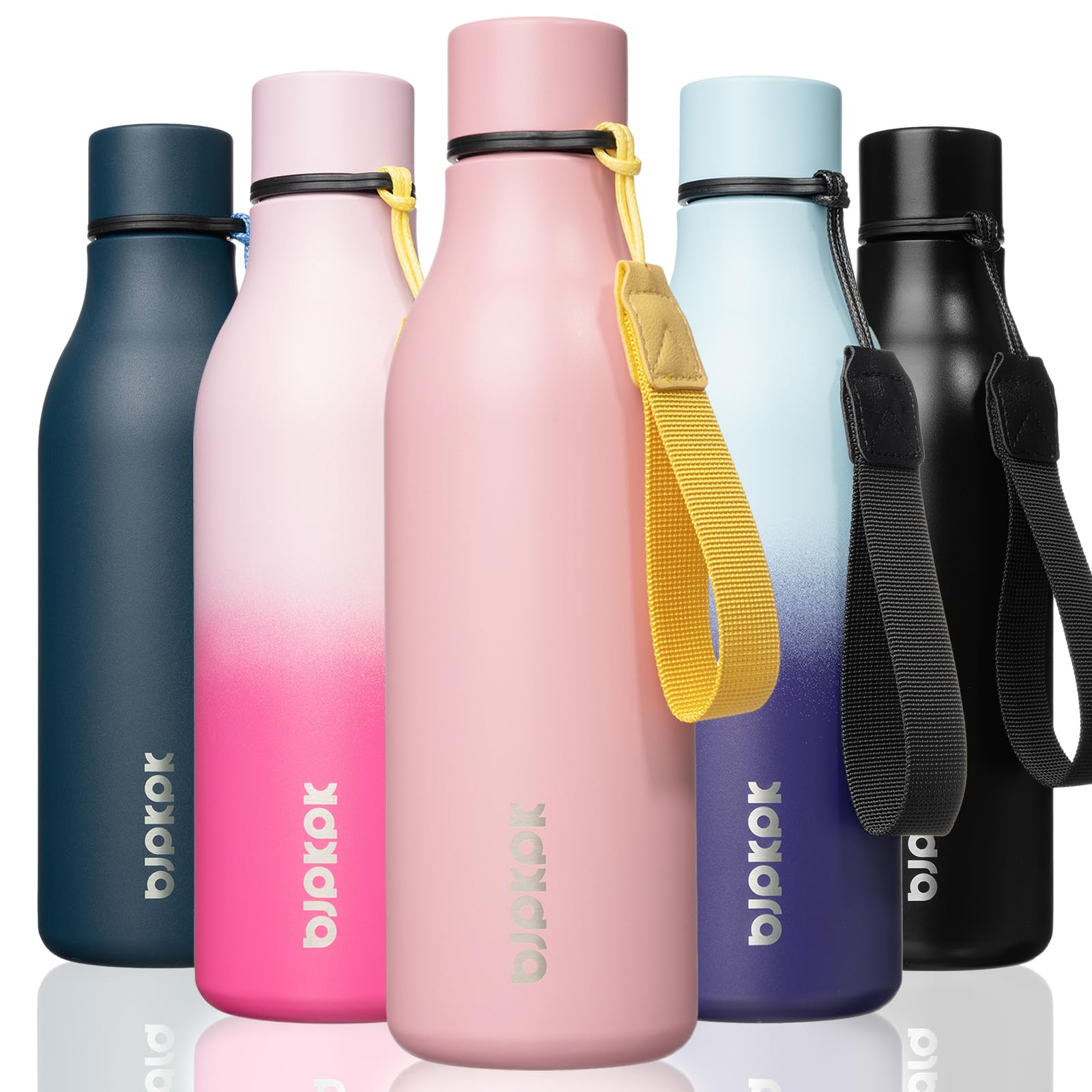 BJPKPK Insulated Water Bottles, 18 oz Stainless Steel Metal Water Bottle with Strap, BPA Free Leak Proof Jugs, Mugs, Flasks, Reusable Thermal Flasks for Sports& Travel, Blossom