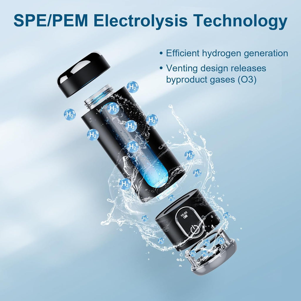 Portable Hydrogen Water Bottle Generator - Up to 6000 PPB H2 Molecular Hydrogen Infusion, SPE/PEM Technology Rechargeable Hydrogen Water Machine for Sports/Travel/Office/Gym - 8.8 oz (Black)