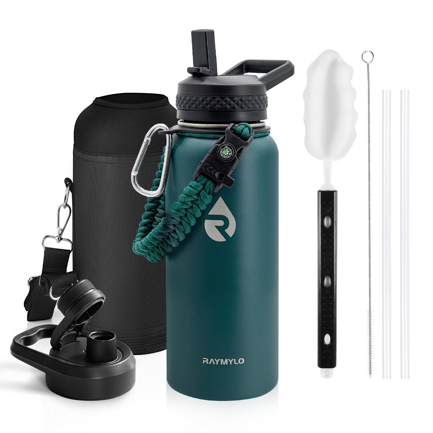 Insulated Water Bottle 64 oz, Triple Wall Vacuum Stainless Steel (Cold for 48 Hrs), Leak Proof & Non-BPA, Half Gallon Water Flask Jug with Paracord Handle & Straw Spout Lids