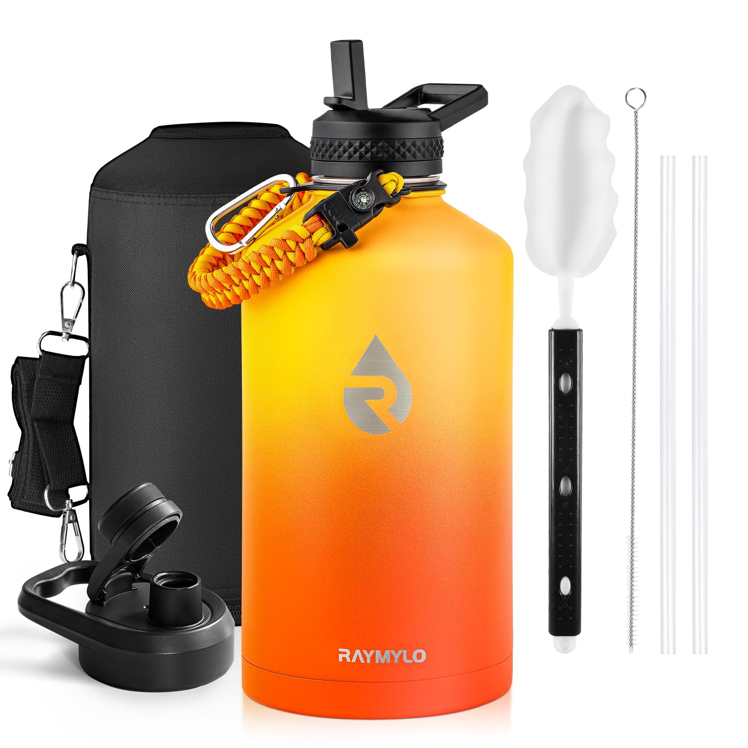 Insulated Water Bottle 64 oz, Triple Wall Vacuum Stainless Steel (Cold for 48 Hrs), Leak Proof & Non-BPA, Half Gallon Water Flask Jug with Paracord Handle & Straw Spout Lids