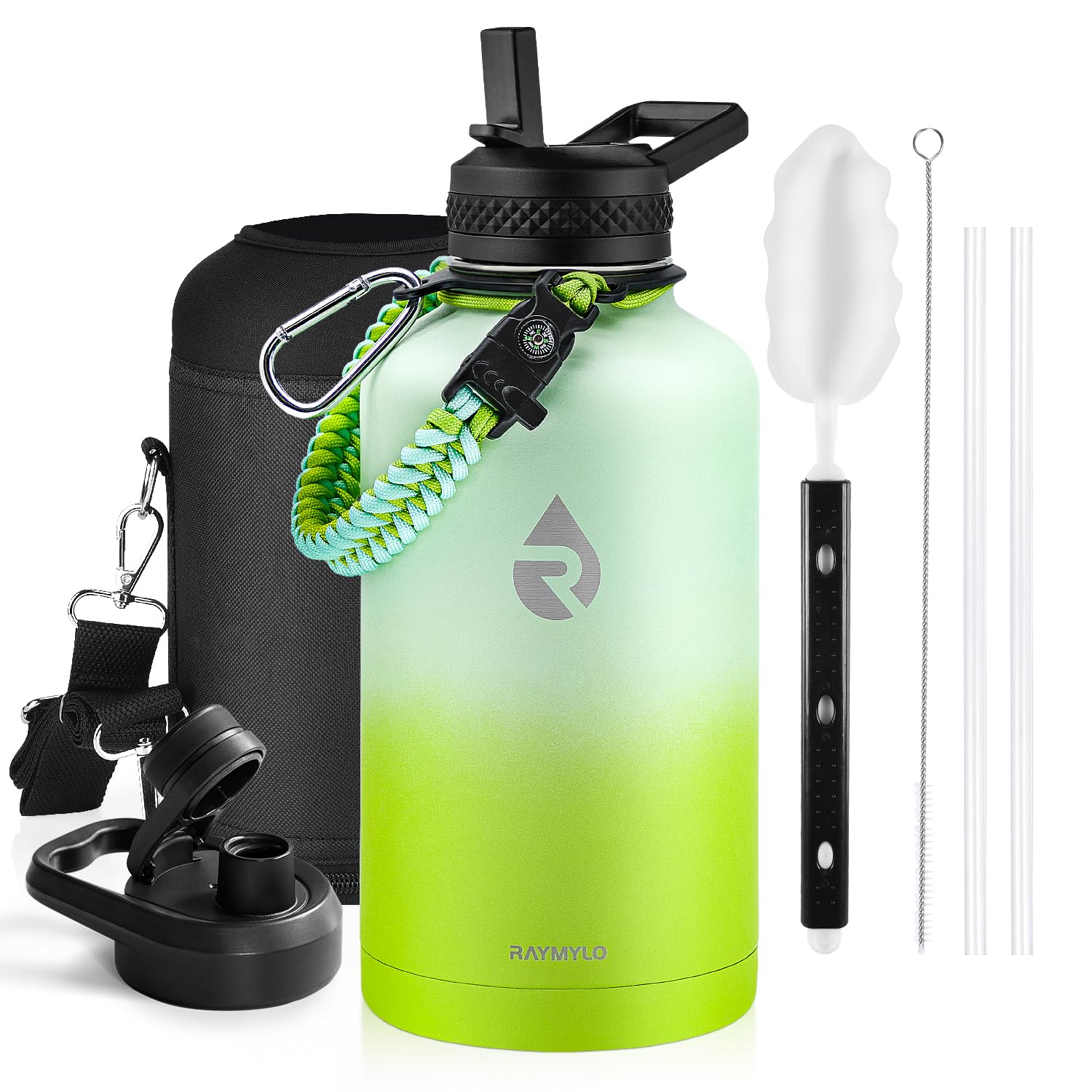 Insulated Water Bottle 64 oz, Triple Wall Vacuum Stainless Steel (Cold for 48 Hrs), Leak Proof & Non-BPA, Half Gallon Water Flask Jug with Paracord Handle & Straw Spout Lids
