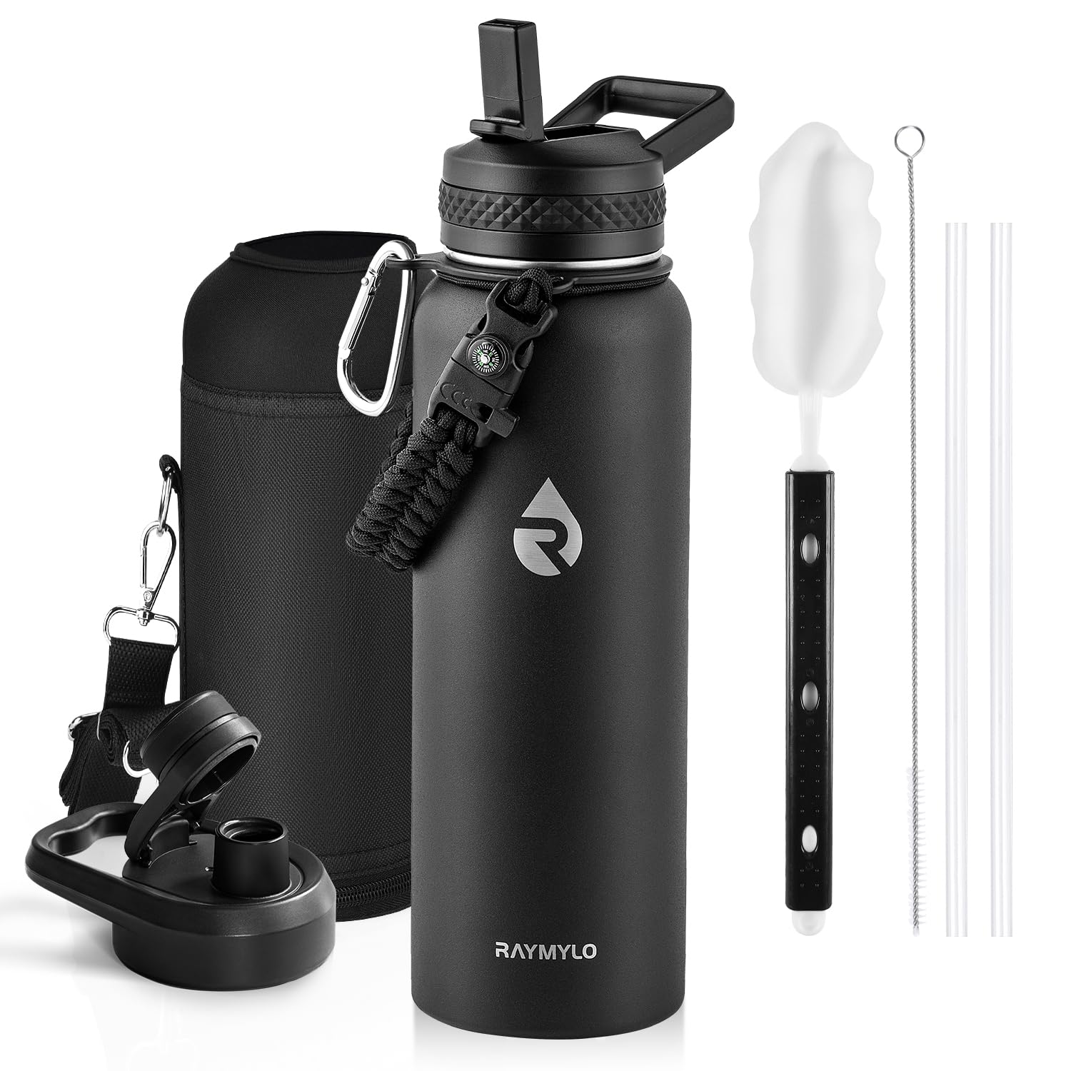 Insulated Water Bottle 64 oz, Triple Wall Vacuum Stainless Steel (Cold for 48 Hrs), Leak Proof & Non-BPA, Half Gallon Water Flask Jug with Paracord Handle & Straw Spout Lids