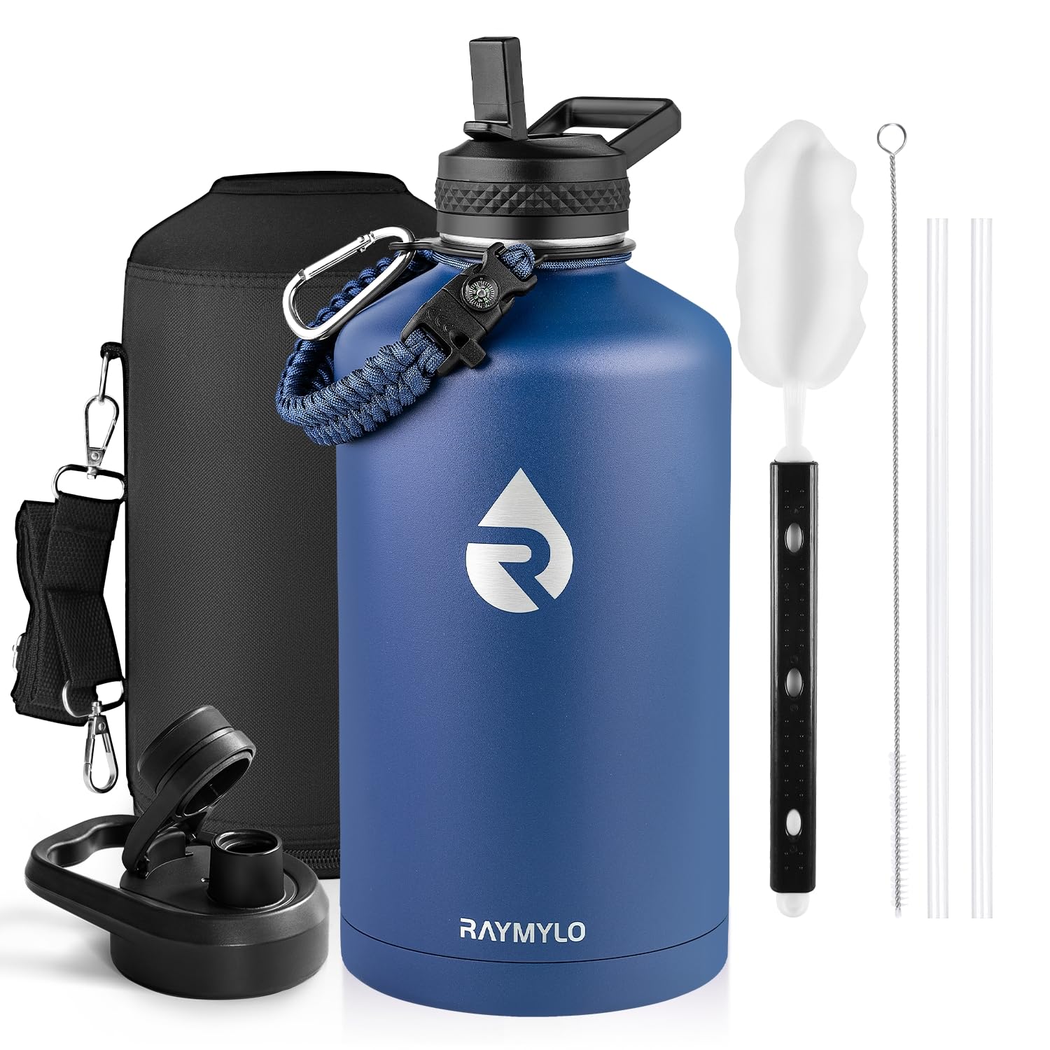 Insulated Water Bottle 64 oz, Triple Wall Vacuum Stainless Steel (Cold for 48 Hrs), Leak Proof & Non-BPA, Half Gallon Water Flask Jug with Paracord Handle & Straw Spout Lids