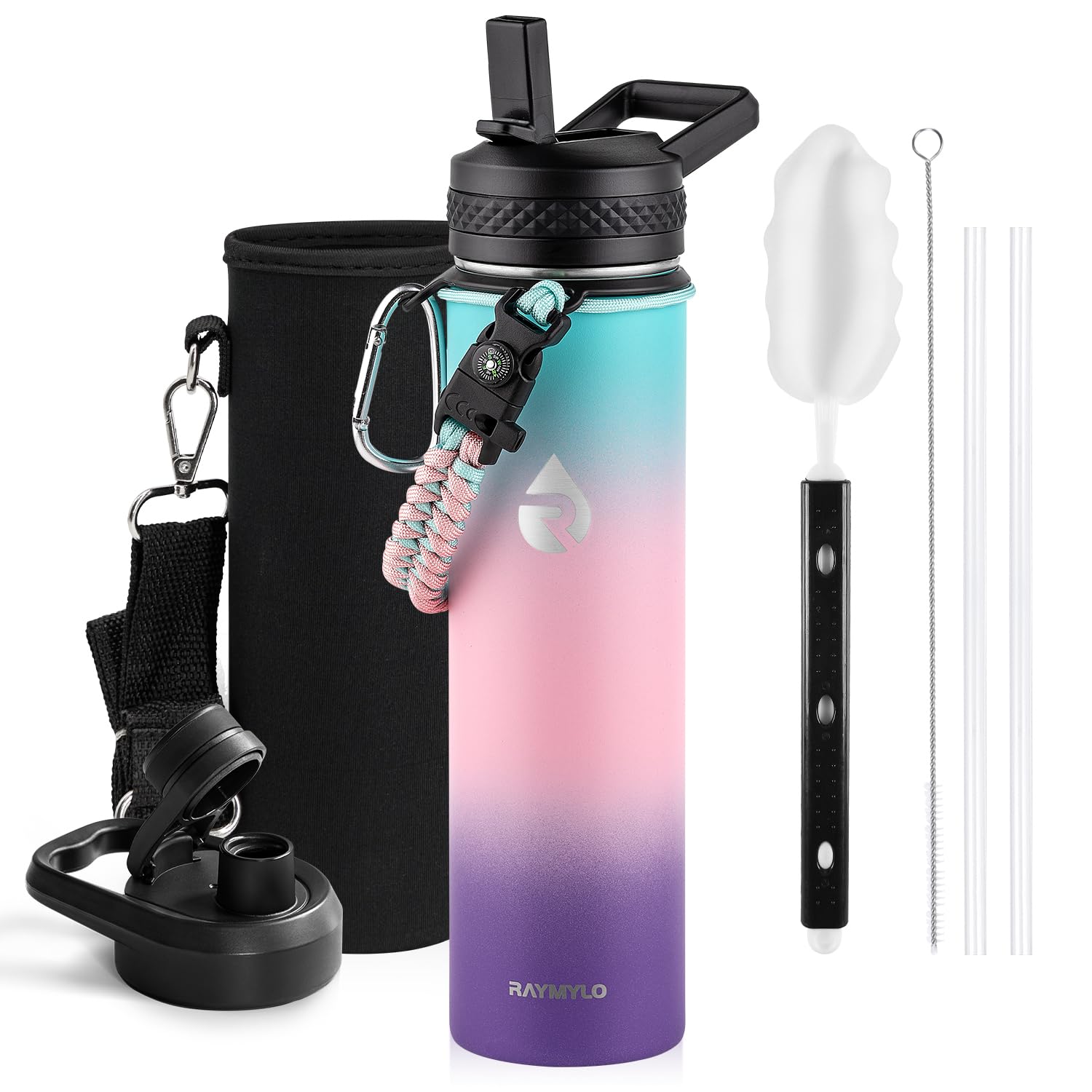 Insulated Water Bottle 64 oz, Triple Wall Vacuum Stainless Steel (Cold for 48 Hrs), Leak Proof & Non-BPA, Half Gallon Water Flask Jug with Paracord Handle & Straw Spout Lids