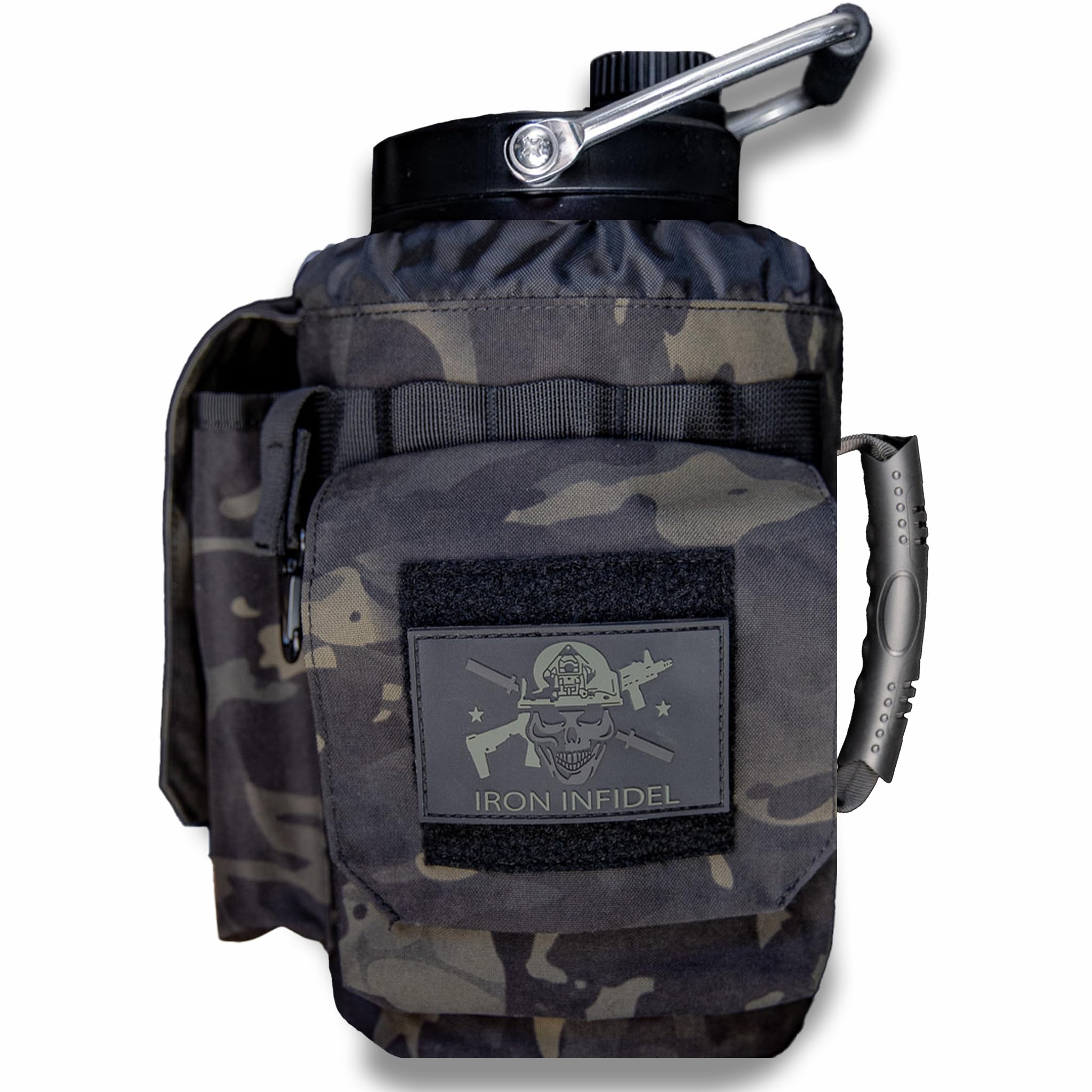Iron Infidel Battle Bottle - Half Gallon Insulated Water Bottle with Paracord Handle - Large 64 oz Stainless Steel Water Jug & Rugged, Removable Sleeve For Keys, Wallet, Phone (Black Camo 2 Liter)