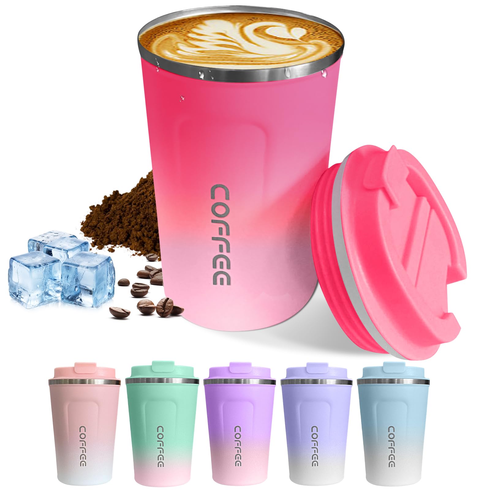 Travel coffee mugs leak-proof, reusable coffee cups with lids, stainless steel vacuum insulated coffee tumblers, thermal insulation cups for men & women keep drinks hot & cold(2nd-Green, 12OZ)