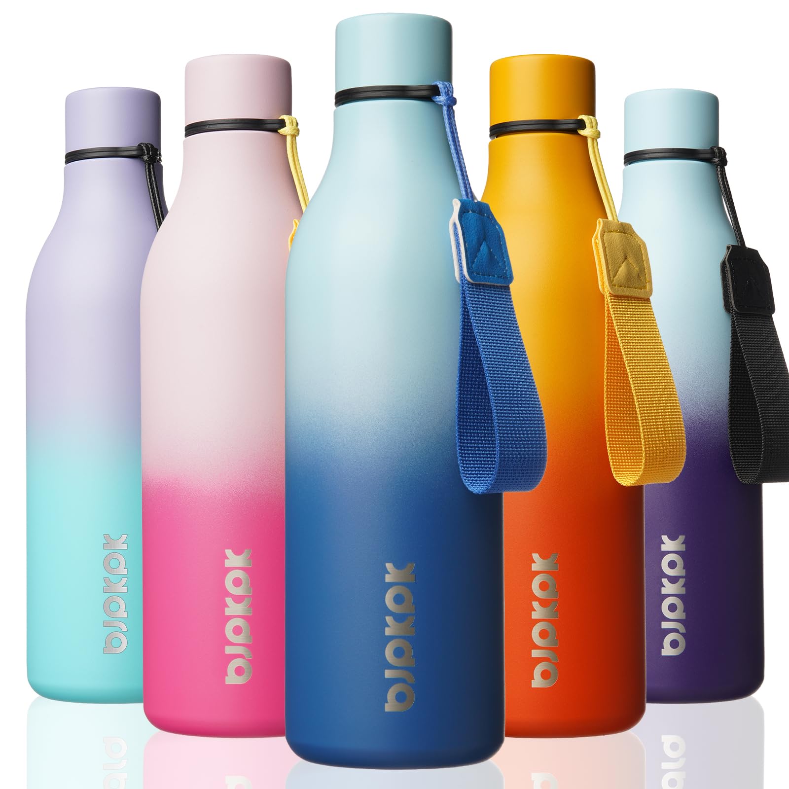 BJPKPK Insulated Water Bottles, 18 oz Stainless Steel Metal Water Bottle with Strap, BPA Free Leak Proof Jugs, Mugs, Flasks, Reusable Thermal Flasks for Sports& Travel, Blossom
