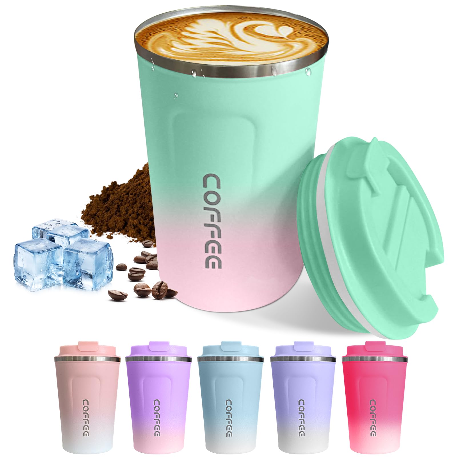 Travel coffee mugs leak-proof, reusable coffee cups with lids, stainless steel vacuum insulated coffee tumblers, thermal insulation cups for men & women keep drinks hot & cold(2nd-Green, 12OZ)