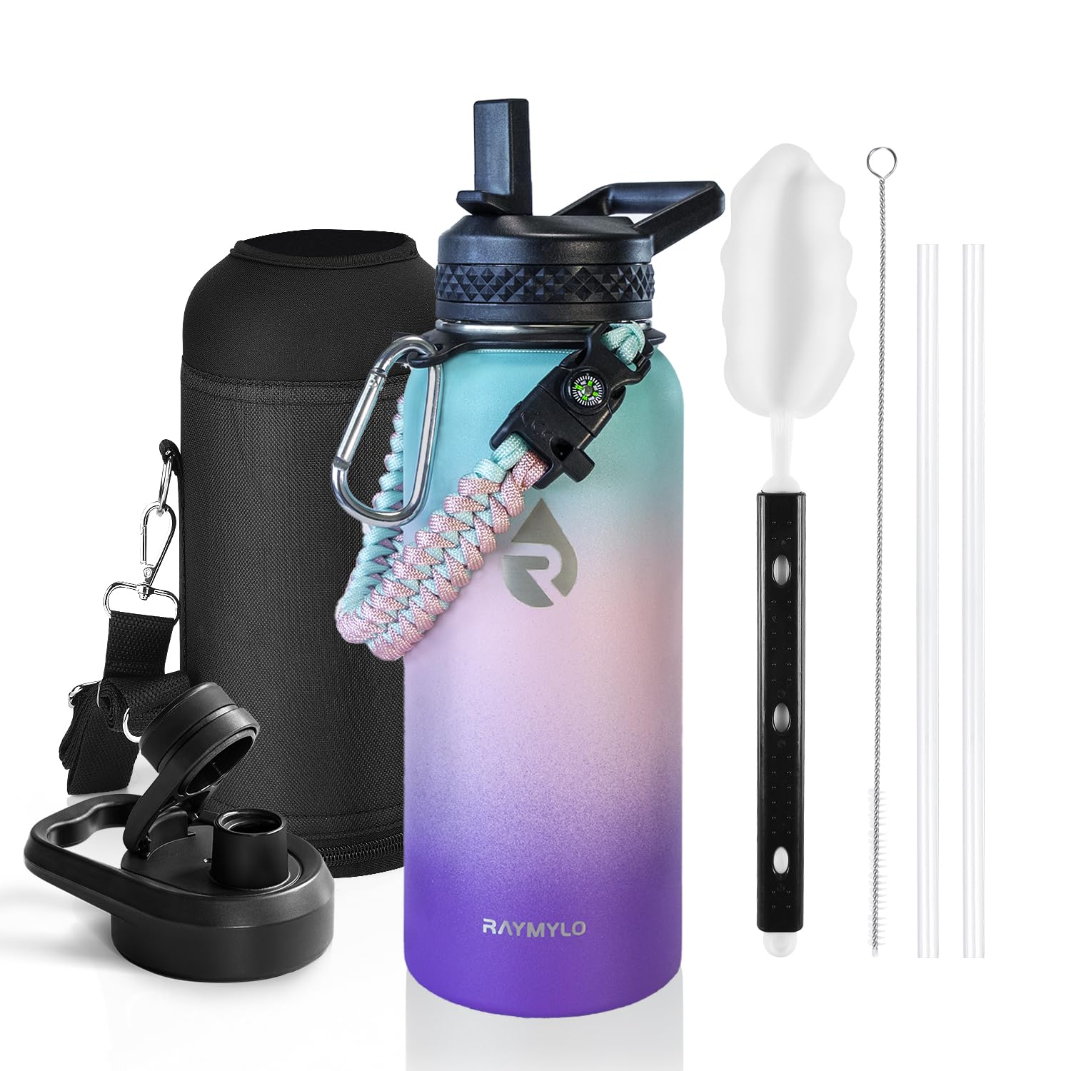 Insulated Water Bottle 64 oz, Triple Wall Vacuum Stainless Steel (Cold for 48 Hrs), Leak Proof & Non-BPA, Half Gallon Water Flask Jug with Paracord Handle & Straw Spout Lids