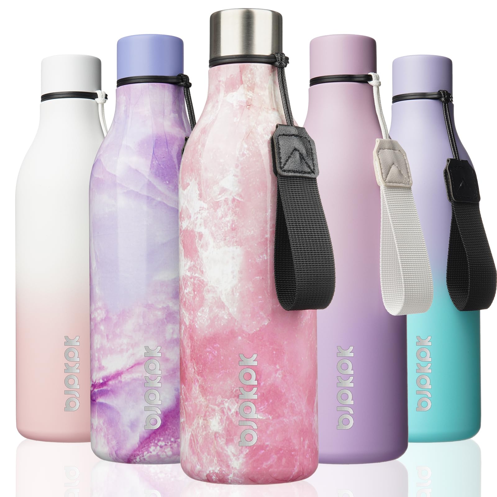 BJPKPK Insulated Water Bottles, 18 oz Stainless Steel Metal Water Bottle with Strap, BPA Free Leak Proof Jugs, Mugs, Flasks, Reusable Thermal Flasks for Sports& Travel, Blossom