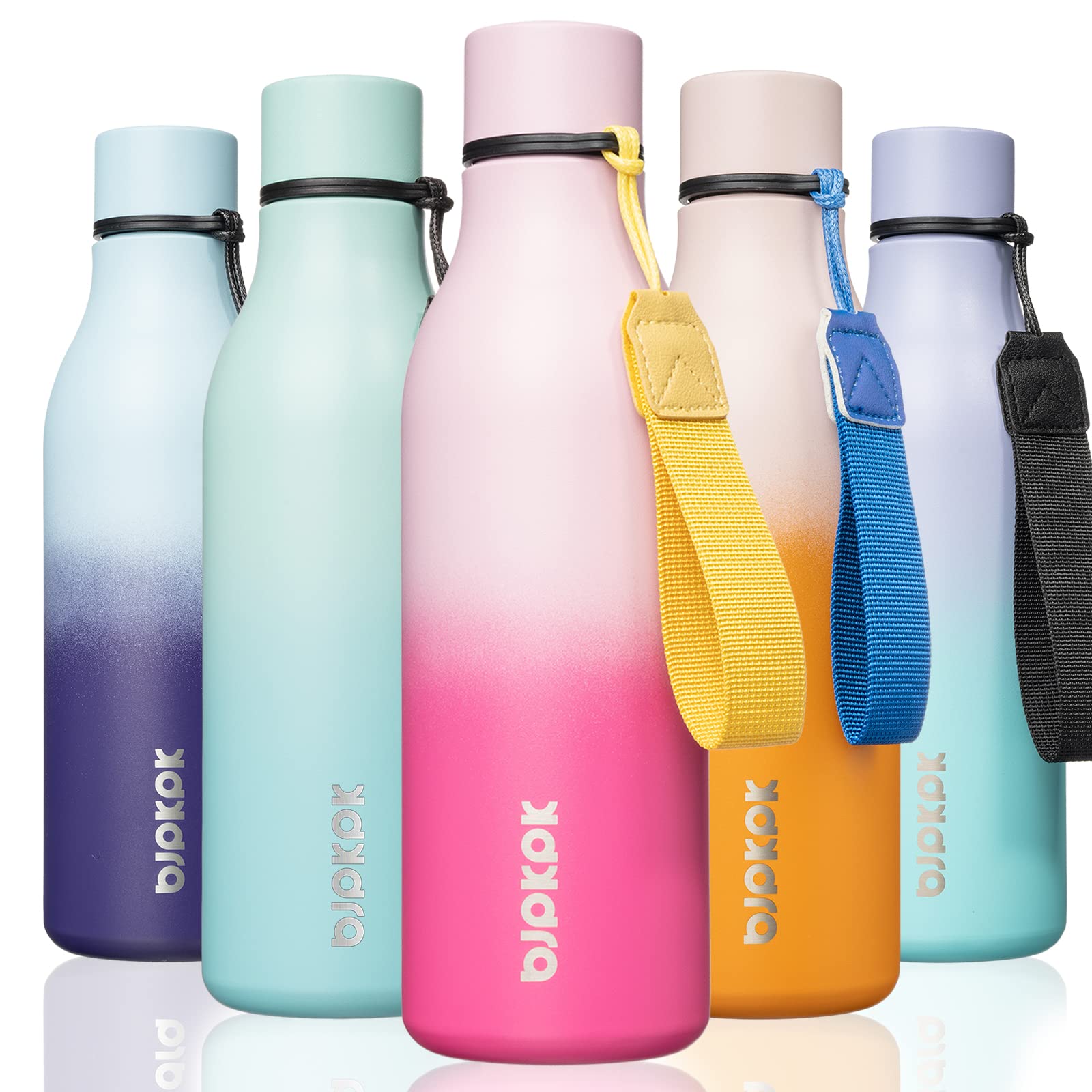 BJPKPK Insulated Water Bottles, 18 oz Stainless Steel Metal Water Bottle with Strap, BPA Free Leak Proof Jugs, Mugs, Flasks, Reusable Thermal Flasks for Sports& Travel, Blossom