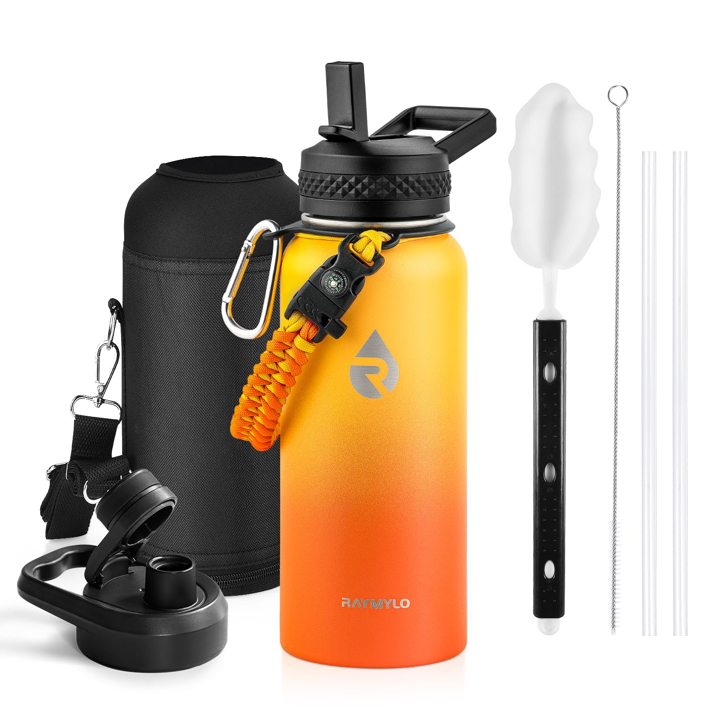 Insulated Water Bottle 64 oz, Triple Wall Vacuum Stainless Steel (Cold for 48 Hrs), Leak Proof & Non-BPA, Half Gallon Water Flask Jug with Paracord Handle & Straw Spout Lids