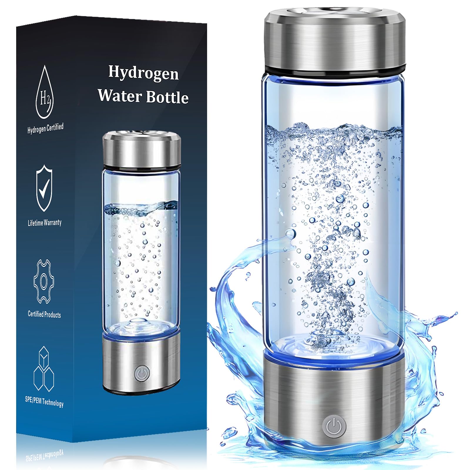 Hydrogen Water Bottle Generator - Portable Hydrogen Water Ionizer Machine SPE PEM Tech, Rechargeable Hydrogen Rich Water Glass Bottle for Home Gym Office and Travel Hydrogen Bottle
