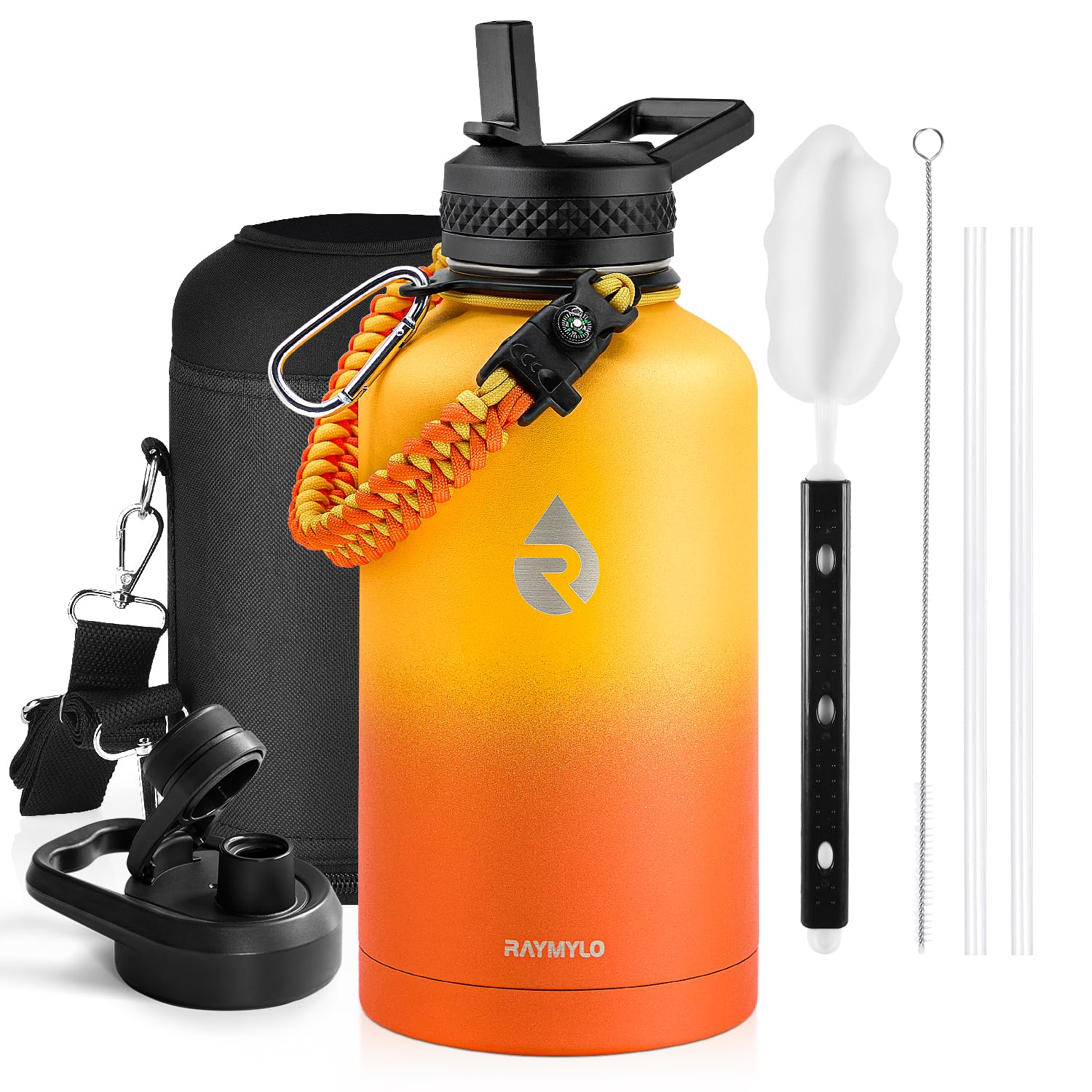 Insulated Water Bottle 64 oz, Triple Wall Vacuum Stainless Steel (Cold for 48 Hrs), Leak Proof & Non-BPA, Half Gallon Water Flask Jug with Paracord Handle & Straw Spout Lids