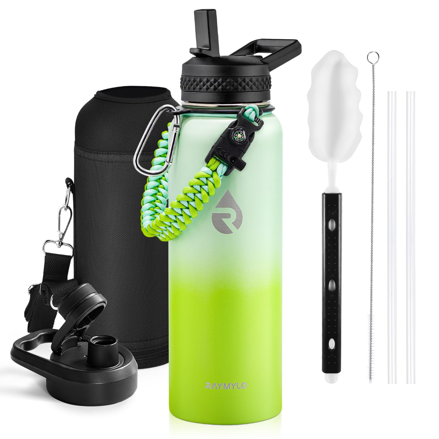 Insulated Water Bottle 64 oz, Triple Wall Vacuum Stainless Steel (Cold for 48 Hrs), Leak Proof & Non-BPA, Half Gallon Water Flask Jug with Paracord Handle & Straw Spout Lids