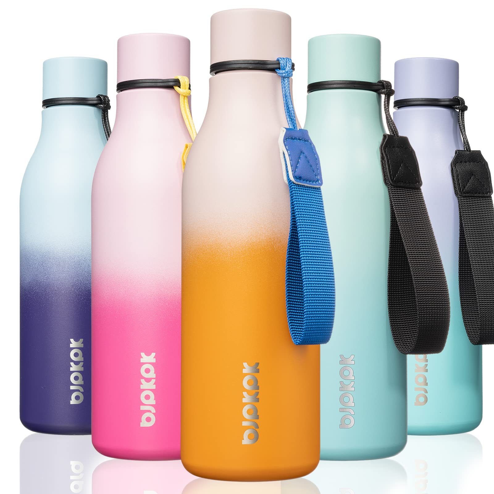 BJPKPK Insulated Water Bottles, 18 oz Stainless Steel Metal Water Bottle with Strap, BPA Free Leak Proof Jugs, Mugs, Flasks, Reusable Thermal Flasks for Sports& Travel, Blossom