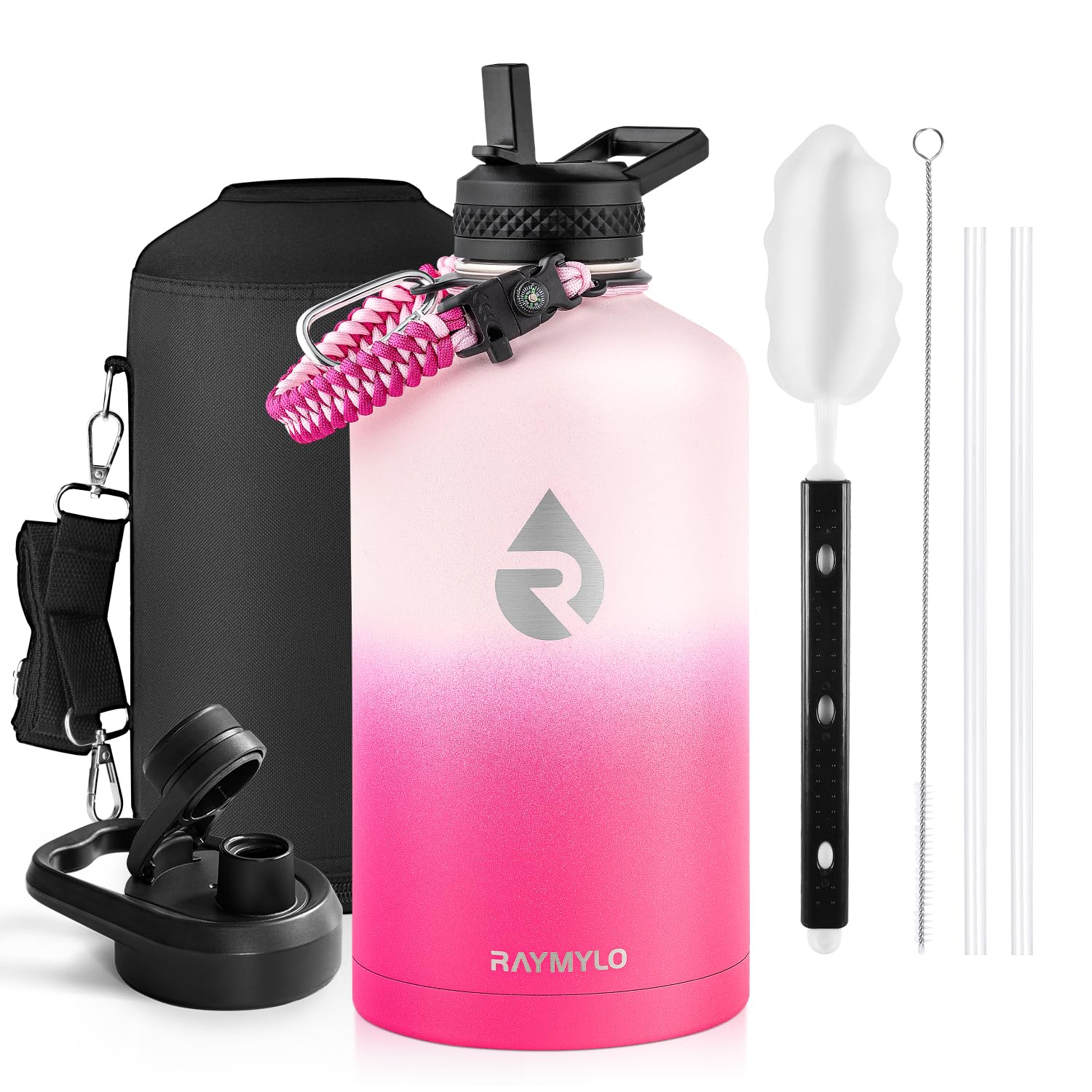 Insulated Water Bottle 64 oz, Triple Wall Vacuum Stainless Steel (Cold for 48 Hrs), Leak Proof & Non-BPA, Half Gallon Water Flask Jug with Paracord Handle & Straw Spout Lids