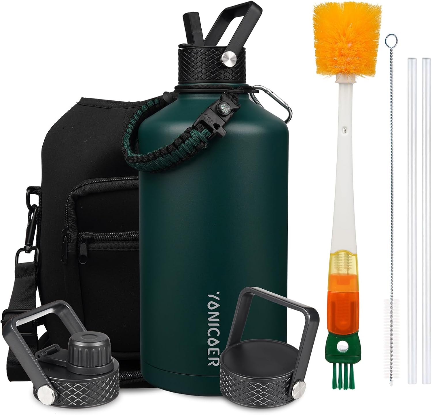 Insulated Water Bottle 128oz,Triple Wall Vacuum Stainless Steel(Dishwasher Safe),Leak Proof & Non-BPA,Flask Jug with Paracord Handle & Straw Spout Lids Sports Green