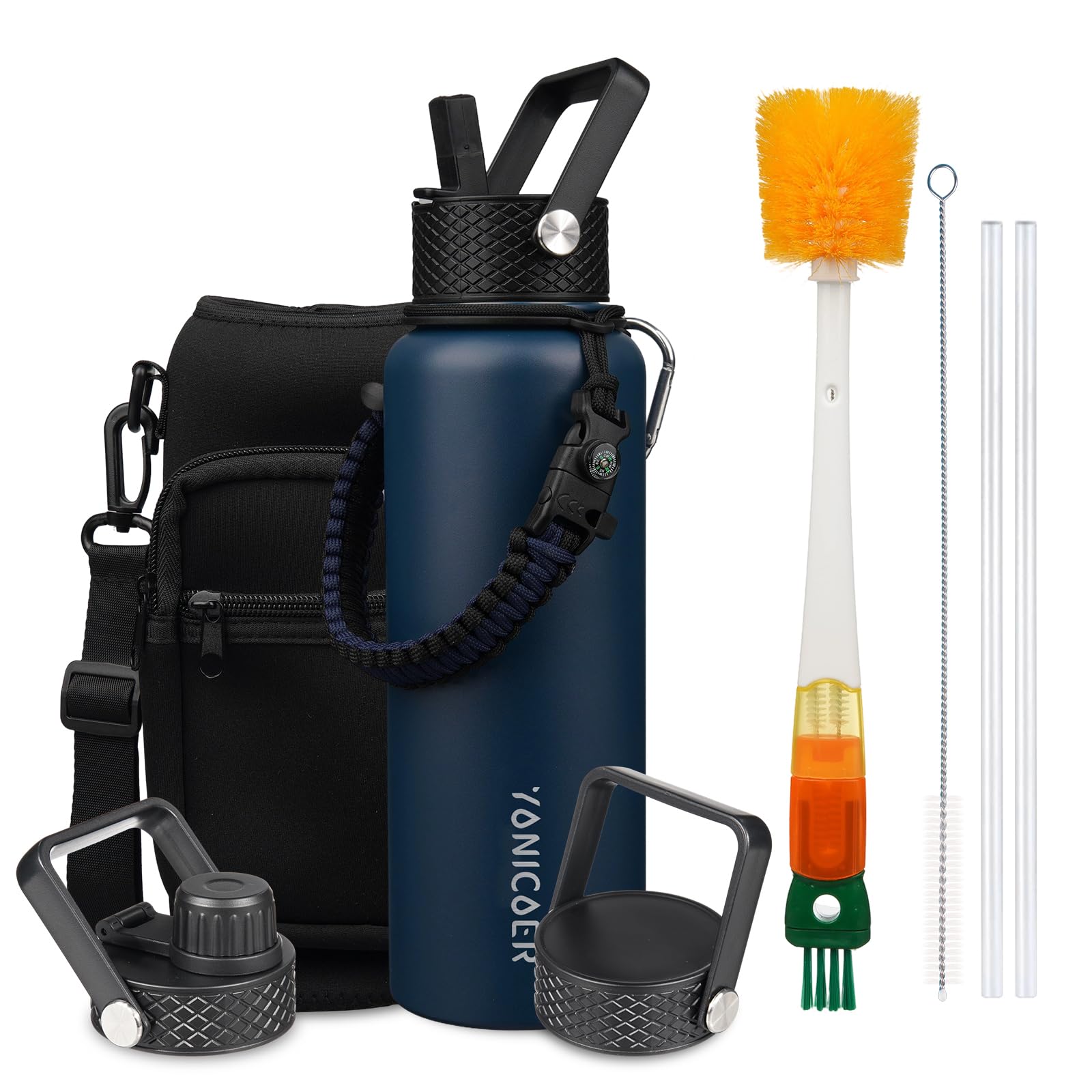 Insulated Water Bottle 128oz,Triple Wall Vacuum Stainless Steel(Dishwasher Safe),Leak Proof & Non-BPA,Flask Jug with Paracord Handle & Straw Spout Lids Sports Green