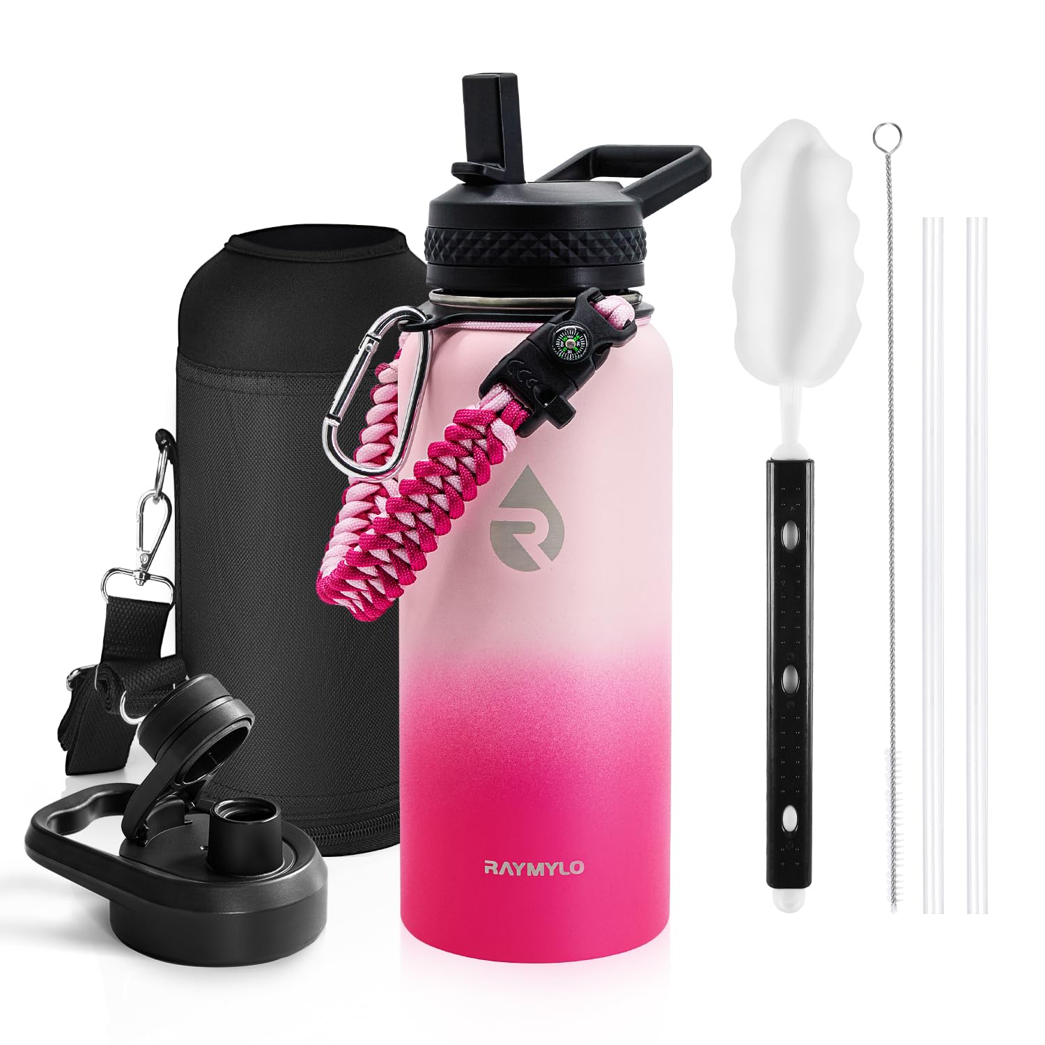 Insulated Water Bottle 64 oz, Triple Wall Vacuum Stainless Steel (Cold for 48 Hrs), Leak Proof & Non-BPA, Half Gallon Water Flask Jug with Paracord Handle & Straw Spout Lids